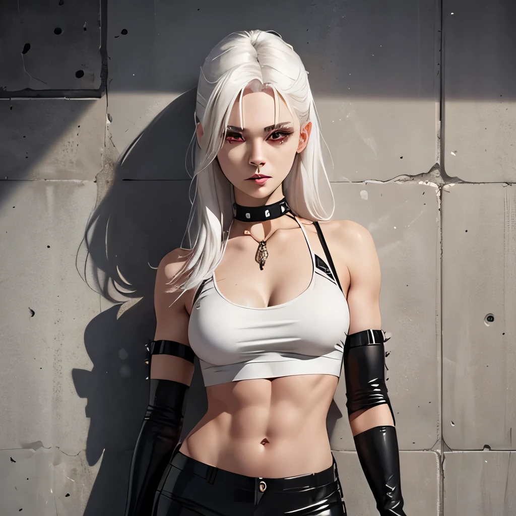 beautiful girl, military, white hair, bloody eyes, choker, cropped top, muscular abdomen, navel, black leather pants, spiked long gloves, wall,