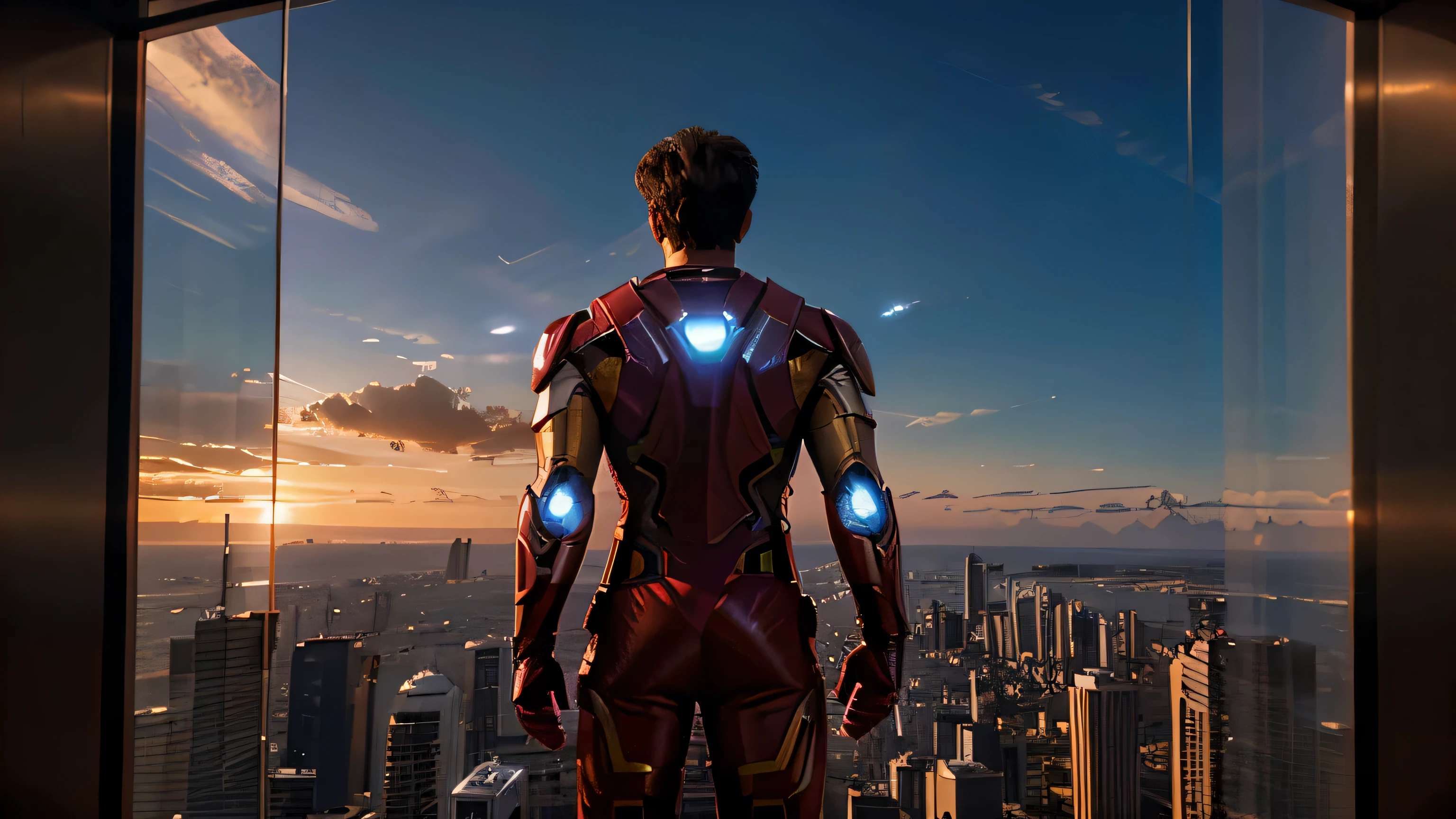 Visual: Tony Stark (Iron Man) overlooking a stunning sunset at Avengers Tower , cinematic, marvel theme,4k