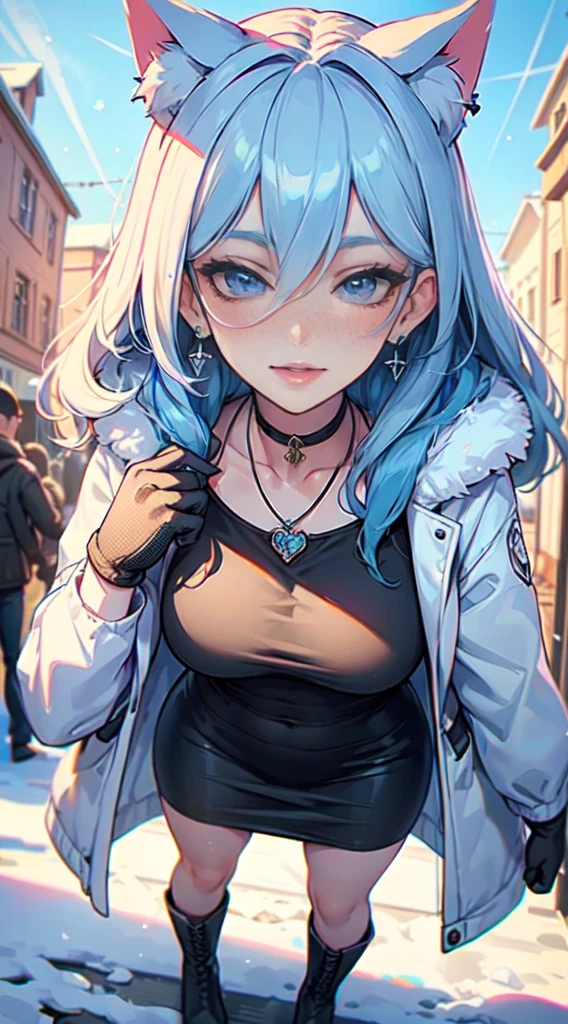 Masterpiece, beautiful art, professional artist, 8k, art style by sciamano240, very detailed face, very detailed hair, very detailed clothes, 1girl, perfectly drawn body, beautiful face, long hair, light blue hair , very detailed blue vertical cat eyes, square glasses, pouty lips , rosey cheeks, intricate details in eyes, extreme close up of face, see only head and neck, staring directly at viewer, wearing cute winter clothes, winter coat, necklace, choker, earrings, gloves, pencil skirt, black tigh boots, some freckles, big wide grin, in love with the viewer expression, sunny winter setting, walking outside,