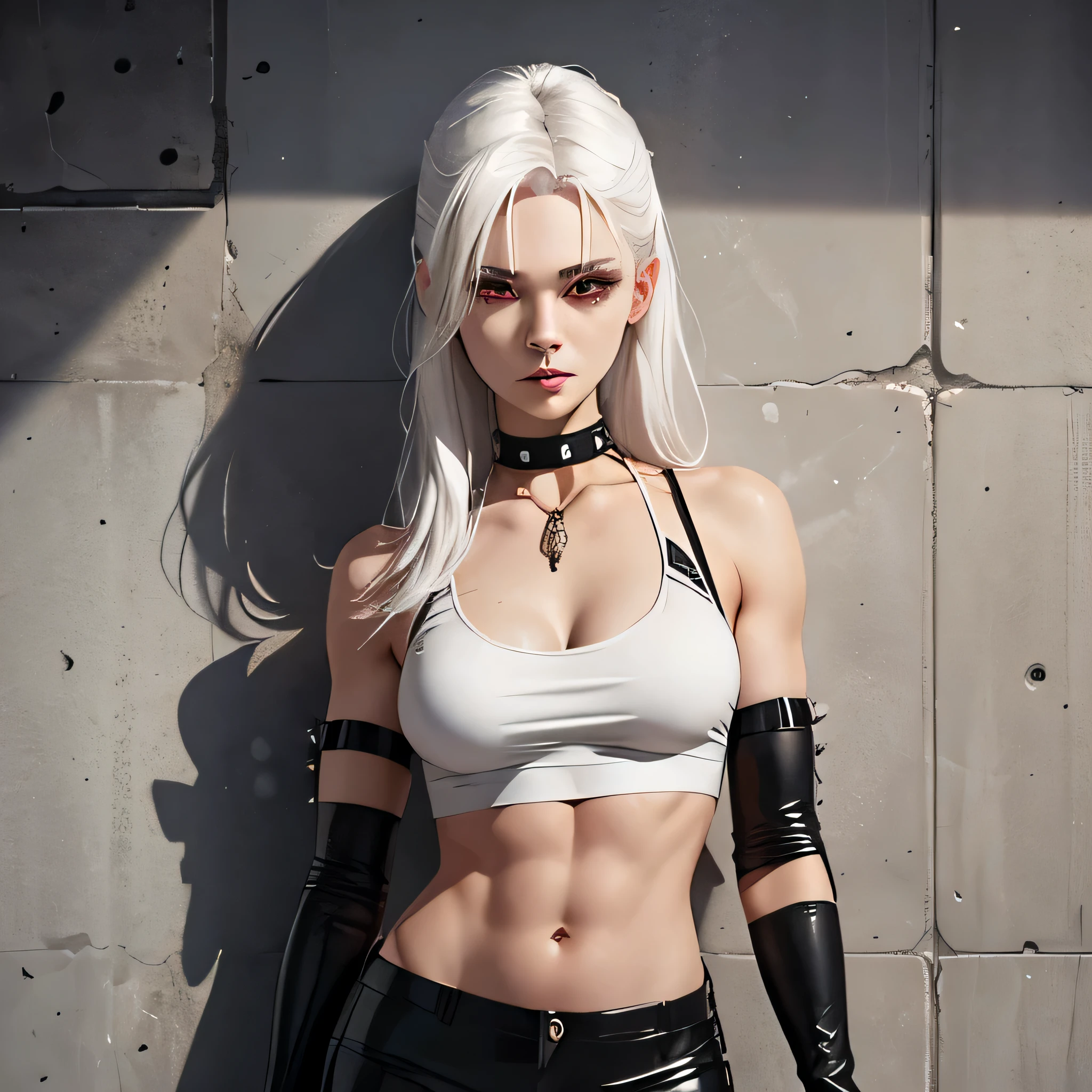 beautiful girl, military, white hair, bloody eyes, choker, cropped top, muscular abdomen, navel, black leather pants, spiked long gloves, wall,