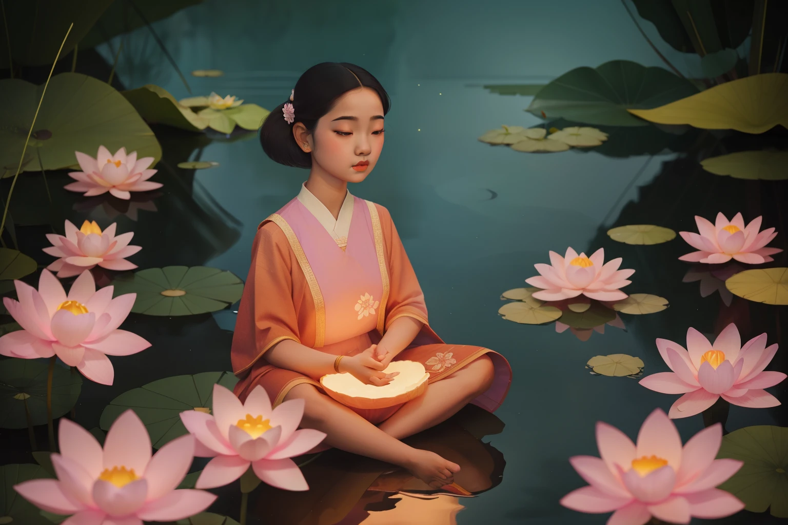 1910s Luminous Lotus Lake Meditation (Location: Luminous Lotus Lake)
Character: An Asian teen girl, amidst luminous lotus flowers, meditates by the magical lake during the 1910s, embodying the fantastical essence of Enid Blyton.