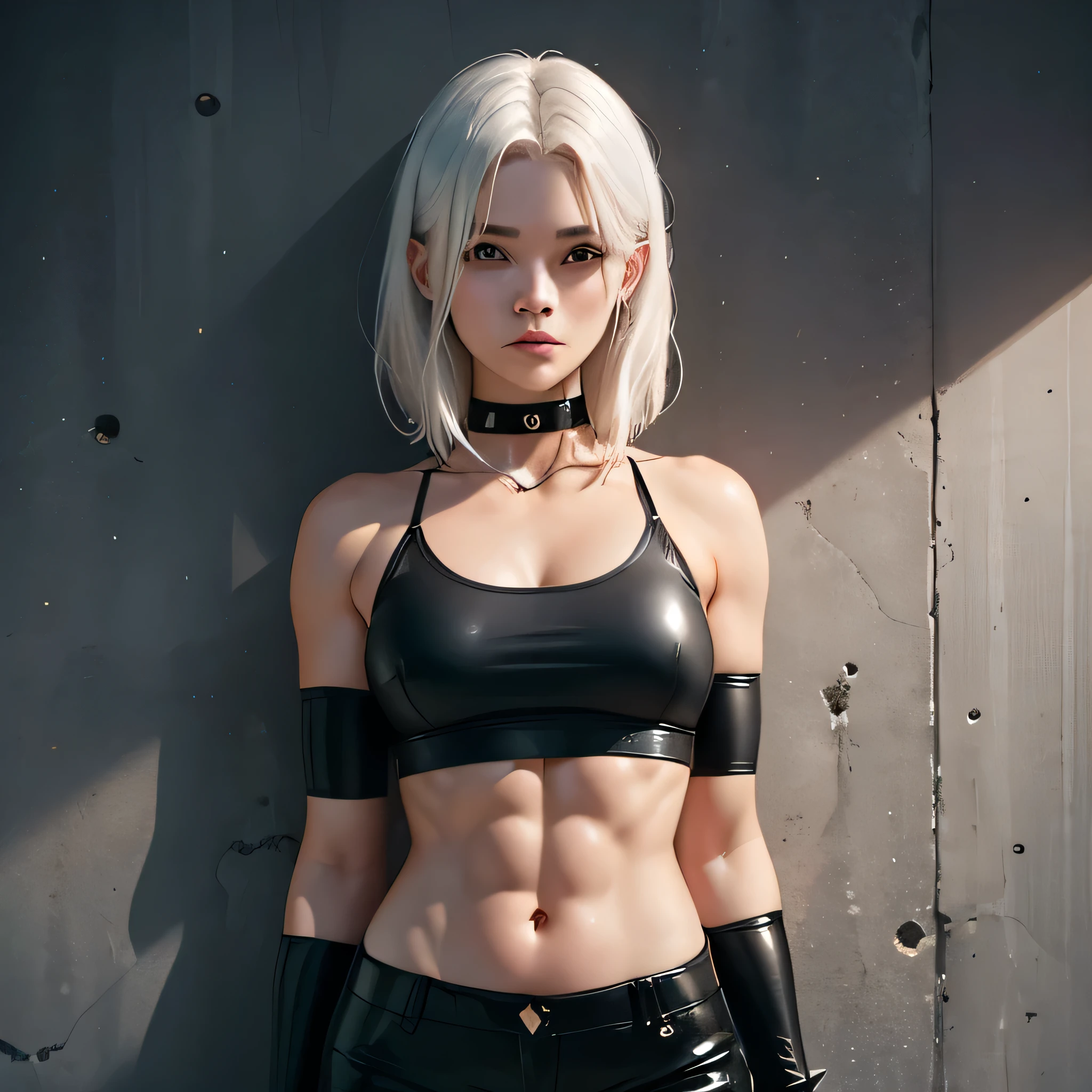 beautiful girl, military, white hair, bloody eyes, choker, cropped top, muscular abdomen, navel, black leather pants, spiked long gloves, wall,