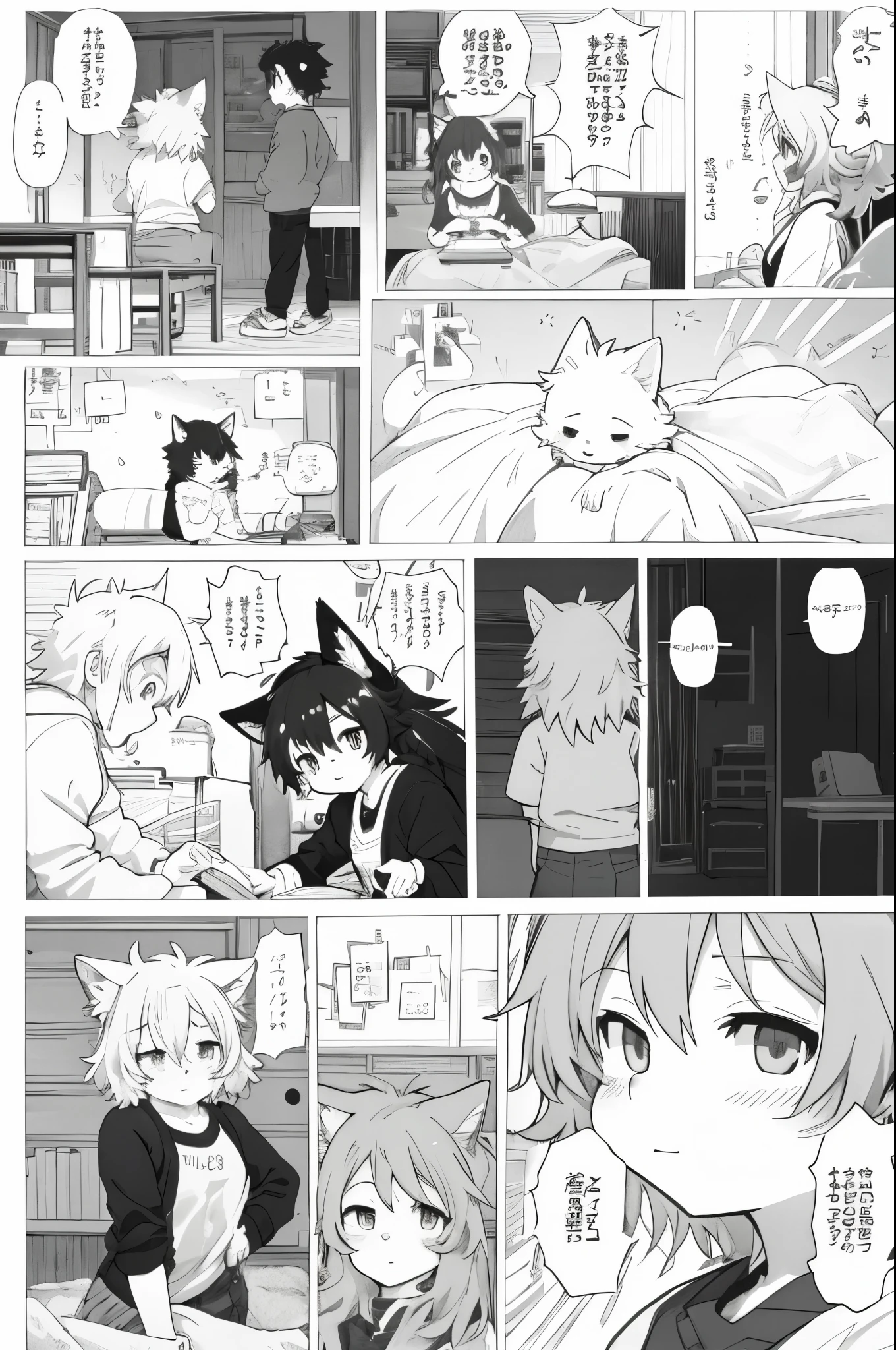 top quality, best quality, highres, unparalleled masterpiece, perfect artwork, paid reward available, indoor, couple of comics(super cute 1girl, 1wolf, kemono, furry anthro)tumblr, sosaku hanga, black and white manga page, manga page, doujin, ddlc, anime, comedy comic, black and white manga panel, zerochan,