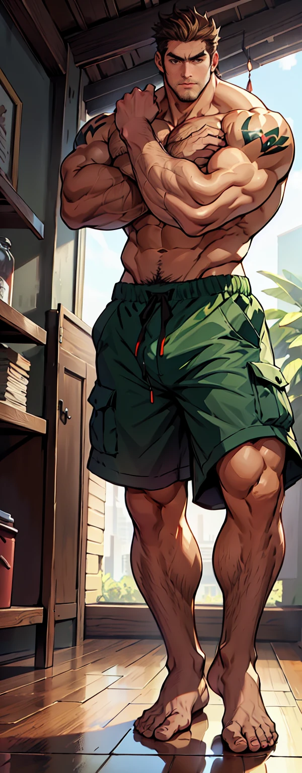 getting down low and shooting from the ground up，Long legs，(shoeless)，(shoeless)，ripe，Be seated，(Legs covered with long, thick leg hair)，(Keep his eyes open)，Super big feet,(Long leg hair)，( With a green tattoo on his shoulder),(body hair thick)，(Super big feet),show off thick arms to the audience，(He was wearing Baggy shorts which showed his long, muscular, hairy legs)，(The genital organs are extremely prominent)，(Very large genitalia)，(shorts),（Giant arm）,The background in an interior with vintage furniture and vintage wooden floor surroundinacropodia),(Long legottom-up view)，(Side to audience) ，(Put his hands at his waist)， (eyes looking at audience) ，(There a huge protuberance across the part)，Side Body，Sense of evil，Sharp eyes，(Thick dark brown hair on crotch)，closeup of arms，((The camera zooms in))，((The audience blocked by the protagonist in a corner and the perspective slightly lower.))，(Bottom-up view)，(crotch)，(Shoulders exposed)，(Stout arms)，Shoulders very broad，Muscles protrude a lot，Bulging crotch，(Long legs)，Highest image quality，Anime ，anime wallpaper，Dilation of the pectoral muscles，Espalhe as pernas，sexy,(master part, best quality)，((Exaggerated bulge of muscles))，The protagonist very tall and his head almost reaches the ceiling，Lush woods outside the window，musclebound and hulking, muscular characters, super buff and cool, tall and muscular, muscular!!, very buff, muscular attractive men, massive muscles, big muscle, Muscular men, anime handsome men, muscular!, gigachad muscles, muscular bodies, muscular character，