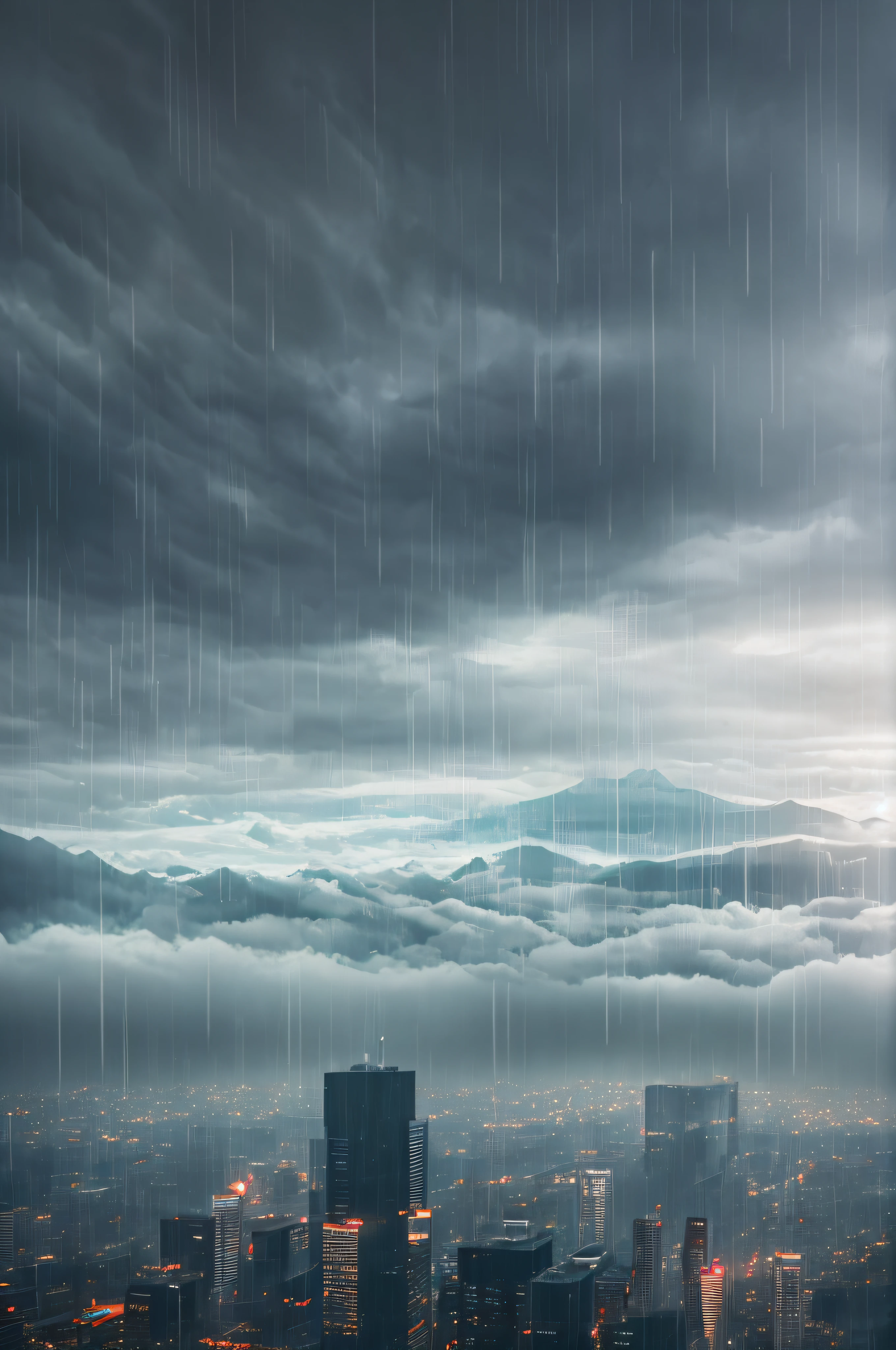 [foggy cityscape in the distance : very pretty girl:0.5] immersed in a giant flow of wind, living in a thunder cloud, behind the cloud, (double exposure:1.3), mist, surreal dream, gray atmosphere, rainy day, dynamic, lut, hdr --auto --s2