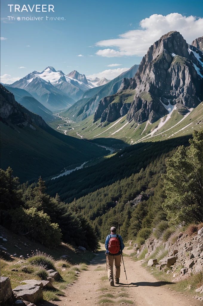 Cover for a book about a traveler, who goes hiking in the mountains.