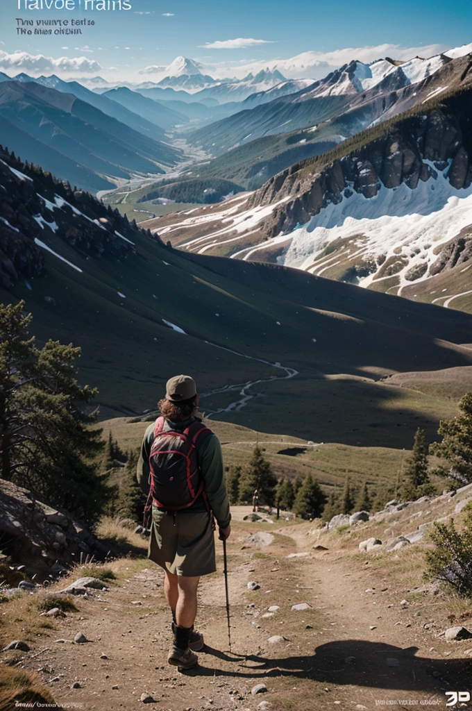 Cover for a book about a traveler, who goes hiking in the mountains.