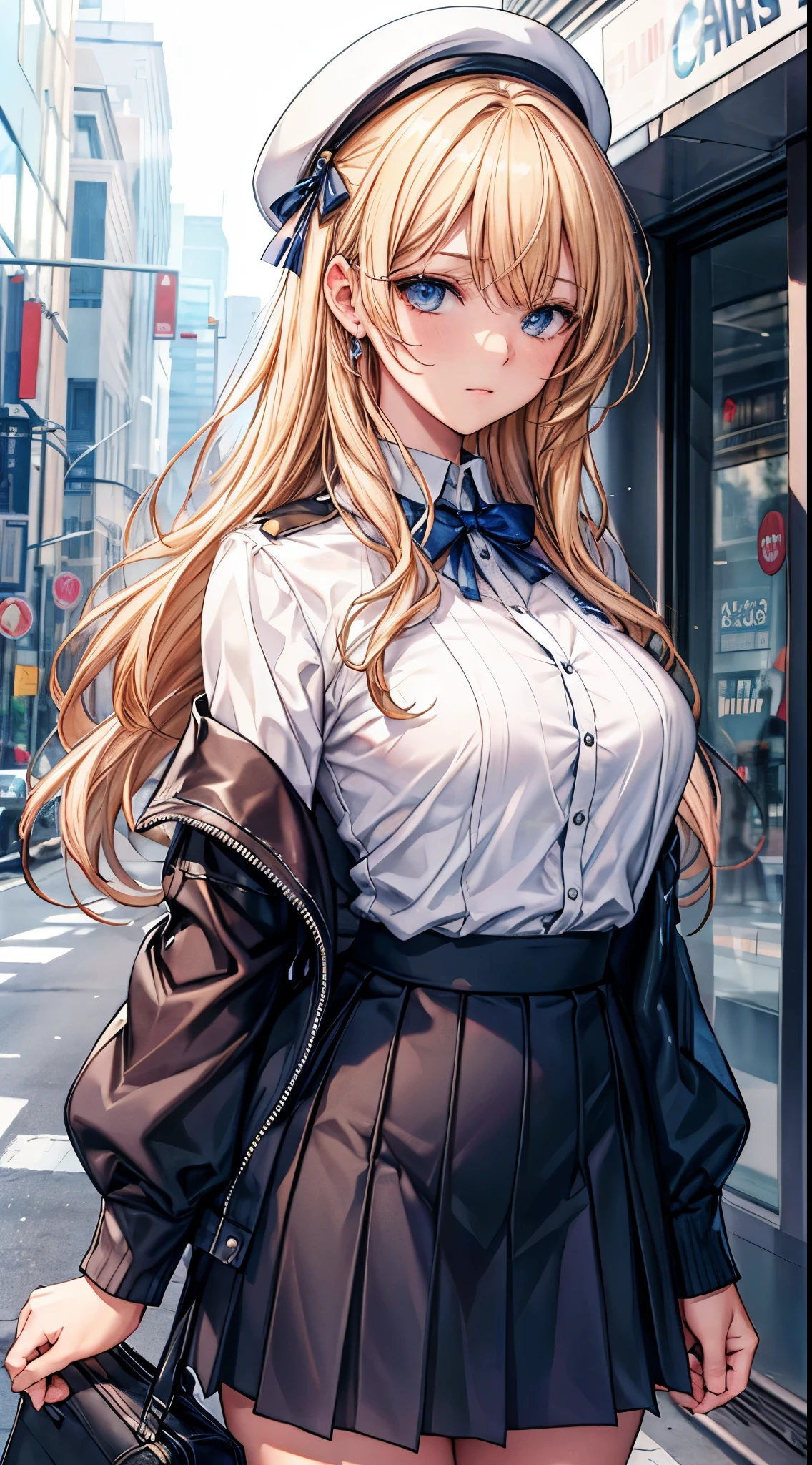 masterpiece, highest quality, High resolution, SA1, blonde hair, uniform, white shirt, skirt, チェック柄skirt, open shirt, bra is very,