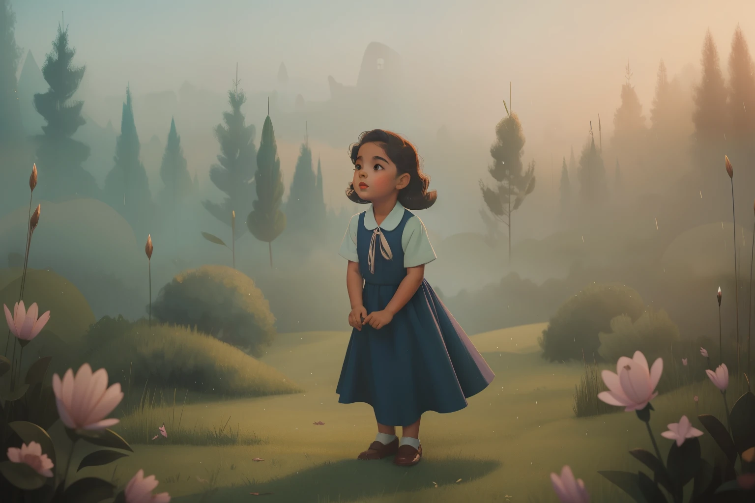 1940s Ethereal Evening Mist Revelry (Location: Ethereal Evening Mist)
Character: A Latino child, playing in the evening mist, experiences magical revelry during the 1940s, echoing the enchanting traditions of Enid Blyton.