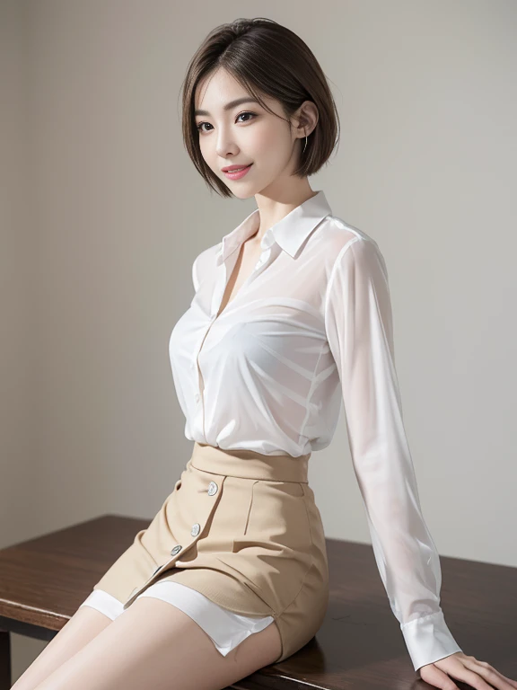 (table top, highest quality, realistic, Super detailedな, in detail, High resolution, 8k wallpaper), 1 beautiful woman, earrings, smile, In a navy formal dress, light brown short messy hair, perfect dynamic composition, 美しくfine eyes, smile, Bayside Area, At night, full body portrait,throw, (masterpiece:1.3), High resolution, Super detailed, Highly detailed CG Unity 8K wallpaper, (realistic, photo-realistic:1.3, RAW photo:1.2), beautiful detailed face, realistic skin, fine cloth texture, high detailed hair texture, perfect proportions, beautiful face, Accurate, anatomically correct, Highly detailed face and skin texture, natural neck length, fine eyes, symmetrical eyes, light brown eyes, double eyelid, thin eyebrows, (glossy lips:1.4), (魅惑的なsmile:1.2), (beautiful hands), (Fair skin:1.2), thin legs, thin legs, long legs, High detailed leg texture, beautiful feet, (transparent skin:1.2), (She is wearing a classy button-up white shirt:1.2), (Wet cloth), ((Transparent shirt:1.2)), (skirt, black stockings, White Short Boots), ((Short Bob Hairstyles:1.2)), (medium to large breasts:1.3), (film chest, well-shaped chest:1.1, slender body shape), ((from below:1.3)),//effect (calm color background:1.2), (faded photo:1.3), polaroid photo, (film grain:1.3), Depth of bounds written, (Bokeh:1.1), (Light and shadow:1.3),