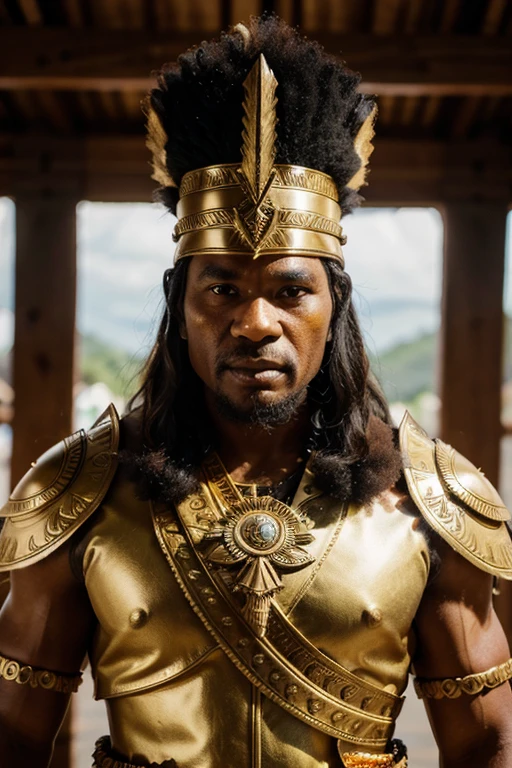 papua great warrior, papua king, papua traditional clothes, new guinea style, gold armor, majestic, magical, legend, best quality, 4k, 8k, highres, masterpiece, ultra-detailed, realistic