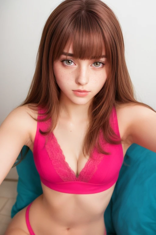 Best quality, high quality, high res, flat background... (((selfie))), [film grain:0.01], side angle, mid shot:1.3, closeup:0.5, long hair, brown hair, hair bangs, cleavage, pink top, sensual girl, (looking at the camera)