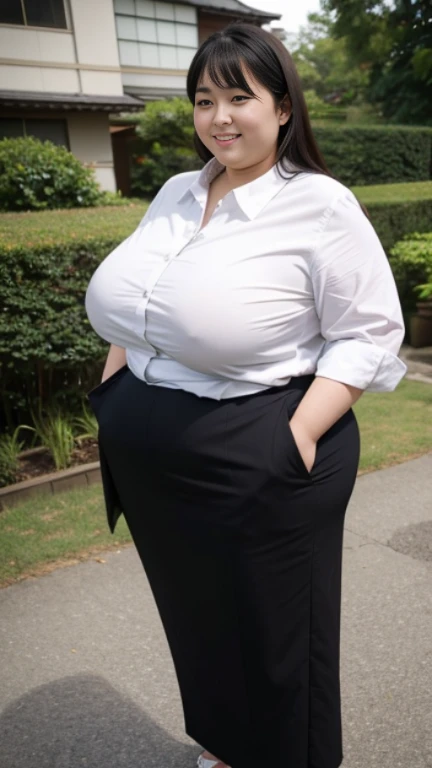 realistic depiction、super obeseのjapanese woman、super obese、super big breasts、Weight 300kg、very fat woman、Fat woman wearing a white collared shirt、black bra、japanese woman、laughter、Tight Skirt、outdoor、a bit、little woman、His height is only 145cm、Cute with short legs GoPro camera, super obese, gigantic tits, monster butts, plain underwear, daytime,