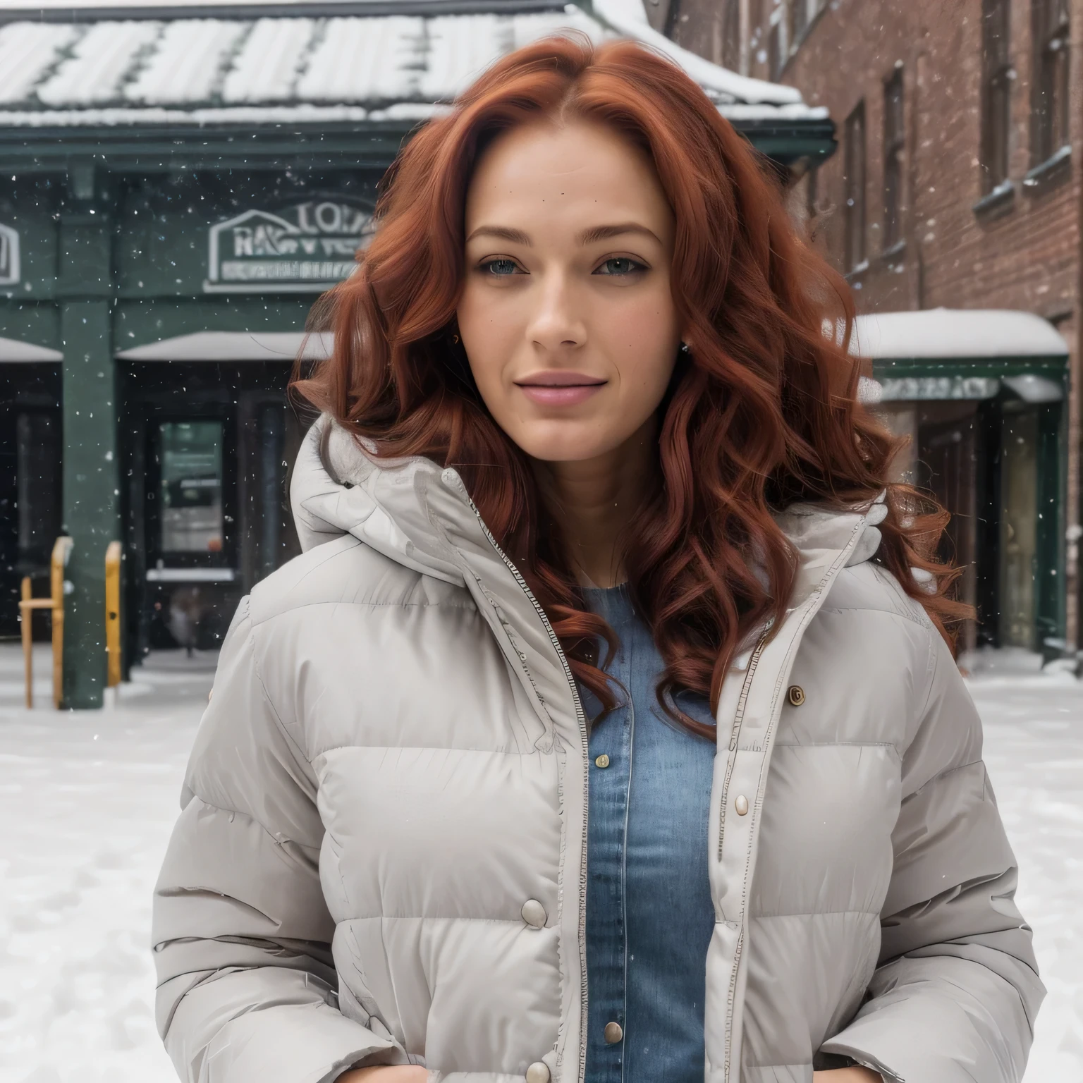 1 girl next door with dyed long red hair, Mischung aus 10% Megan Fox und 15% Gal Gadot und 20% Blake Lively, 172cm height, 68kg Gewicht, weiches, lockiges, intensiv langes rotes Haar, clear green eyes, lange dunkelschwarze Wimpern, perfekt geformte dunkelschwarze Augenbrauen, dunkle, karamellfarbene Haut, slim and well-defined body, curvy body, elegant thin nose, kleine Ohren, vollen Lippen, White teeth, kleine, weiche, ladylike hands, painted fingernails, wearing a winter jacket and long black jeans, high resolution, Meisterwerk, best quality, komplizierte hohe Detailgenauigkeit, Sehr detailliert, scharfer Fokus, detaillierte Haut, realistische Hautstruktur, echte Hautstruktur, Realistische Textur, Fachmann, wahres Leben, ultrarealistisch, Fotorealismus, Fotografie, realistic Fotografie, UHD, Foto RAW, In einer deutschen Stadt voller Schnee am Bahnhof, Wintertag, kalte Stimmung, whole body from a distance