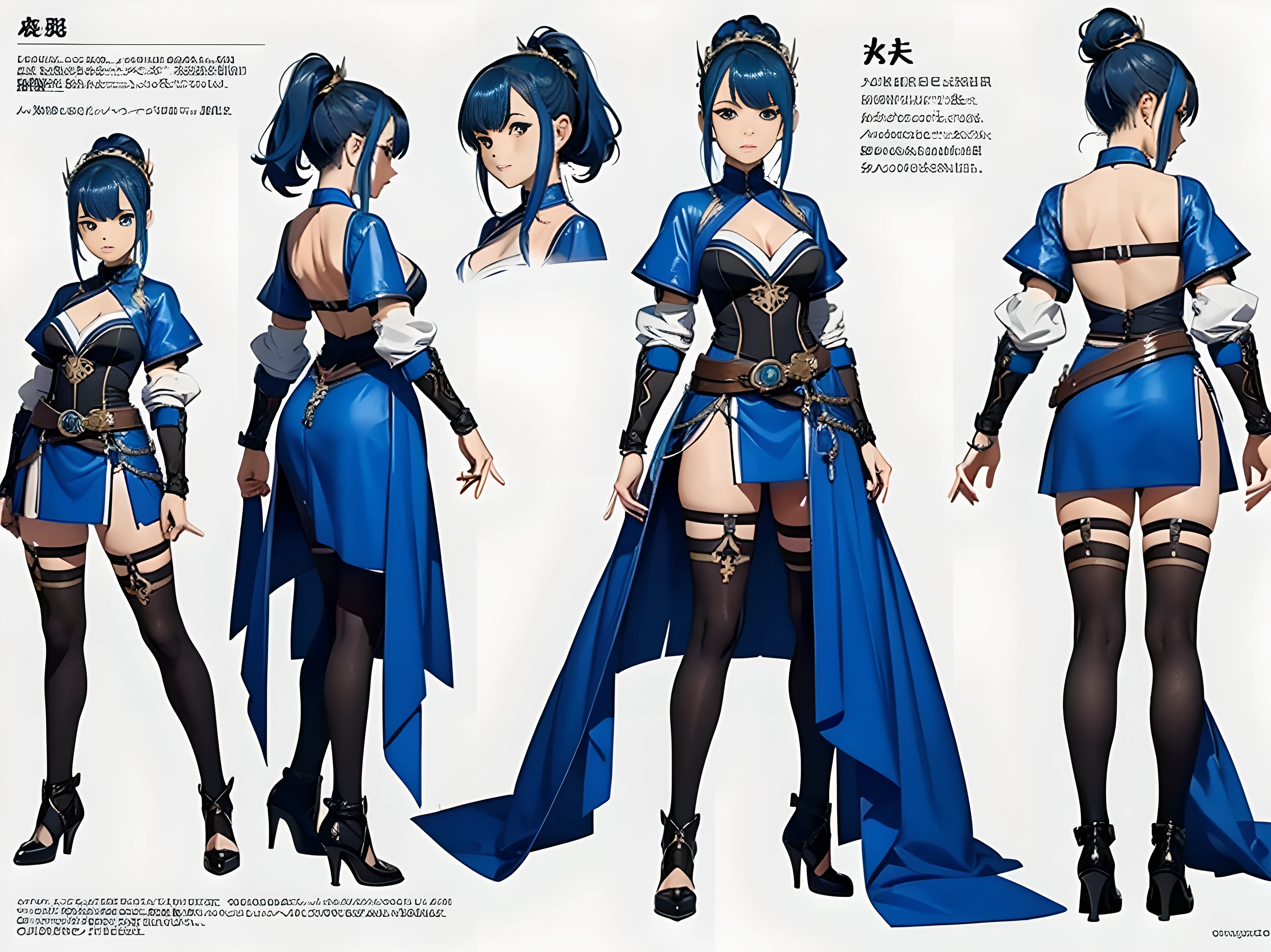 Close-up of a beautiful woman in a martial art costume, ((character concept art)), ((creative costume design)), tall figure, ((character design sheet, same character, front, side, back)), original character art, martial art character, martial art clothes design , video game character design, soul girl, girl wearing cute cartoon bunny hairpin on her head, blue color hair, various hairstyle, blue glowing decoration on girl's clothes, expert high detail concept art, martial art concept art, funny character design, gravity rush inspiration, Viscous tar. Concept art, sword belt buckle at waist, steampunk weapon,