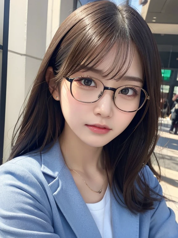 beautiful young girl, 非常にbeautiful detailsな顔, daytime、Cafe、(fold your arms、angry facial expression、:1.４), dark brown hair,medium hair, (detailed face:1.2), conceptual art, high quality, realistic, very detailed CG 統合 8k 壁紙, very detailed, High resolution raw color photos, professional photography, realistic portrait, cinematic light, beautiful details, Super detailed, advanced details,, Depth of bounds written,、 Super stylish lighting, (beautiful small chest:1.2), smooth and flawless Skin, Expressive and seductive eyes, Well-defined facial features, perfectly proportioned face, Fine Details and realistic Textures, face focus、fold your arms、whole body、Office Casual、bright jacket、Glasses、Blue color contacts