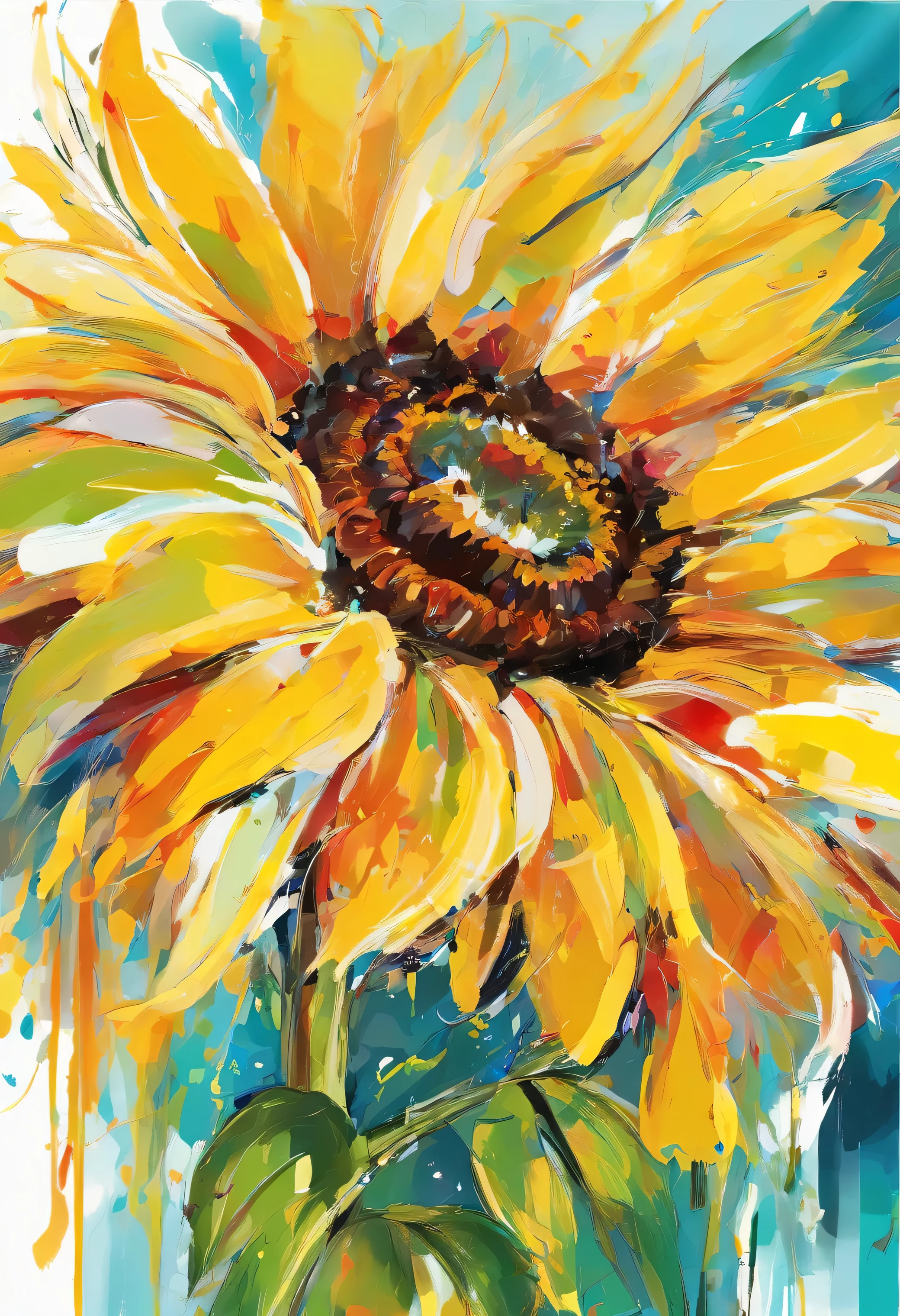 highest quality, intricate details、Draw an abstract painting of a single flower., Painted by masters of 3D watercolor abstract art、perfect flower beauty、bright yellow sunflowers、Close-up of flowers、use acrylic paint、Abstract artist known for his unique use of acrylic pouring, real brush strokes,aesthetic composition,Minimal style, Light and moving strokes、Shapes that suggest emotional dynamism and vibrancy、The bright yellow color of sunflowers symbolizes happiness and cheerfulness.、vividly express feelings of joy、The main colors of the work are bright and cheerful tones......、Add moist compacted sand、Enhances the texture and tactile elements of your artwork, While staring at this image, you、Interaction of color and texture、Enjoy the overflowing joy、guided by joy、The energy of joy rising