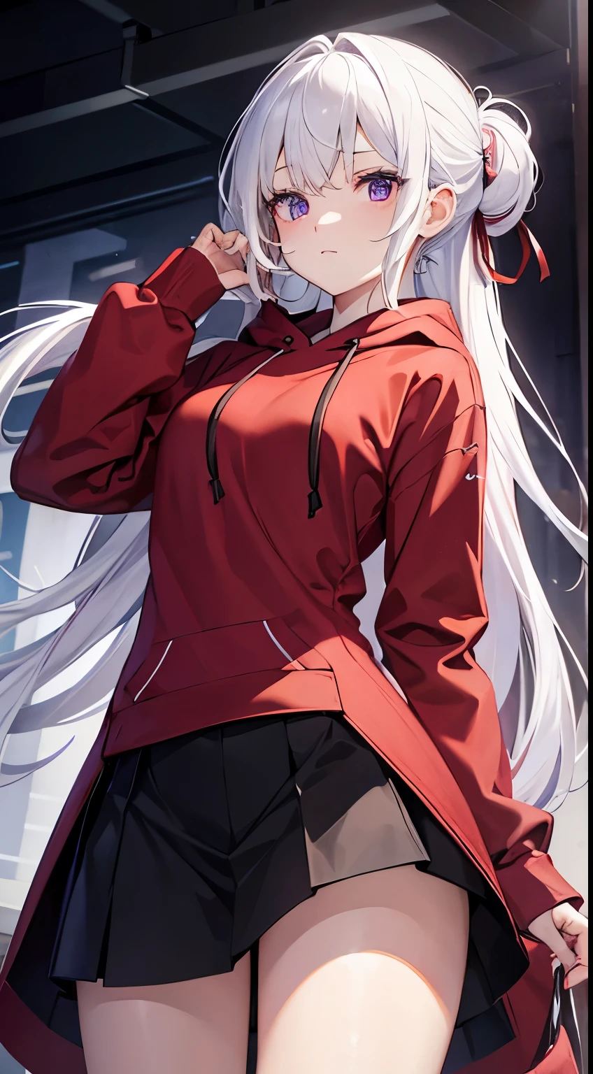 first-class、high resolution、beautiful、white hair tied back、purple eyes、Red Hoodie、male、whole body