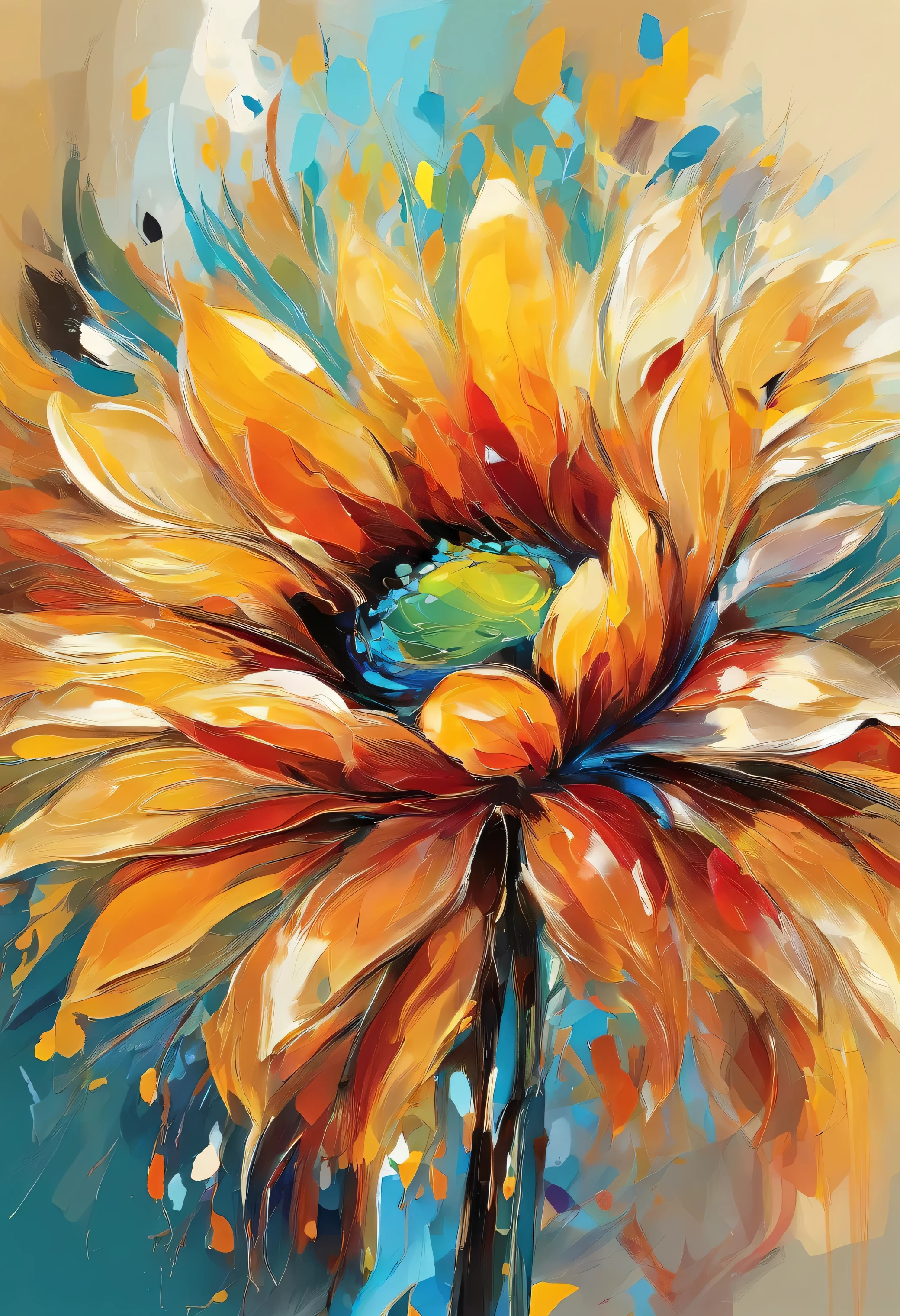 Draw an abstract painting of a single flower., gold sunflower flowers、use acrylic paint、Abstract artist known for his unique use of acrylic pouring, real brush strokes,aesthetic composition,Minimal style, powerful, wide brush strokes、Create captivating artwork that captures the essence of abundance and joy。、 The main color scheme of the work consists of bright and energetic tones.., Add moist compacted sand、Enhances the texture and tactile elements of your artwork。, While staring at this image, you、Interaction of color and texture、Immerse yourself in a happy atmosphere、guided by a sense of happiness