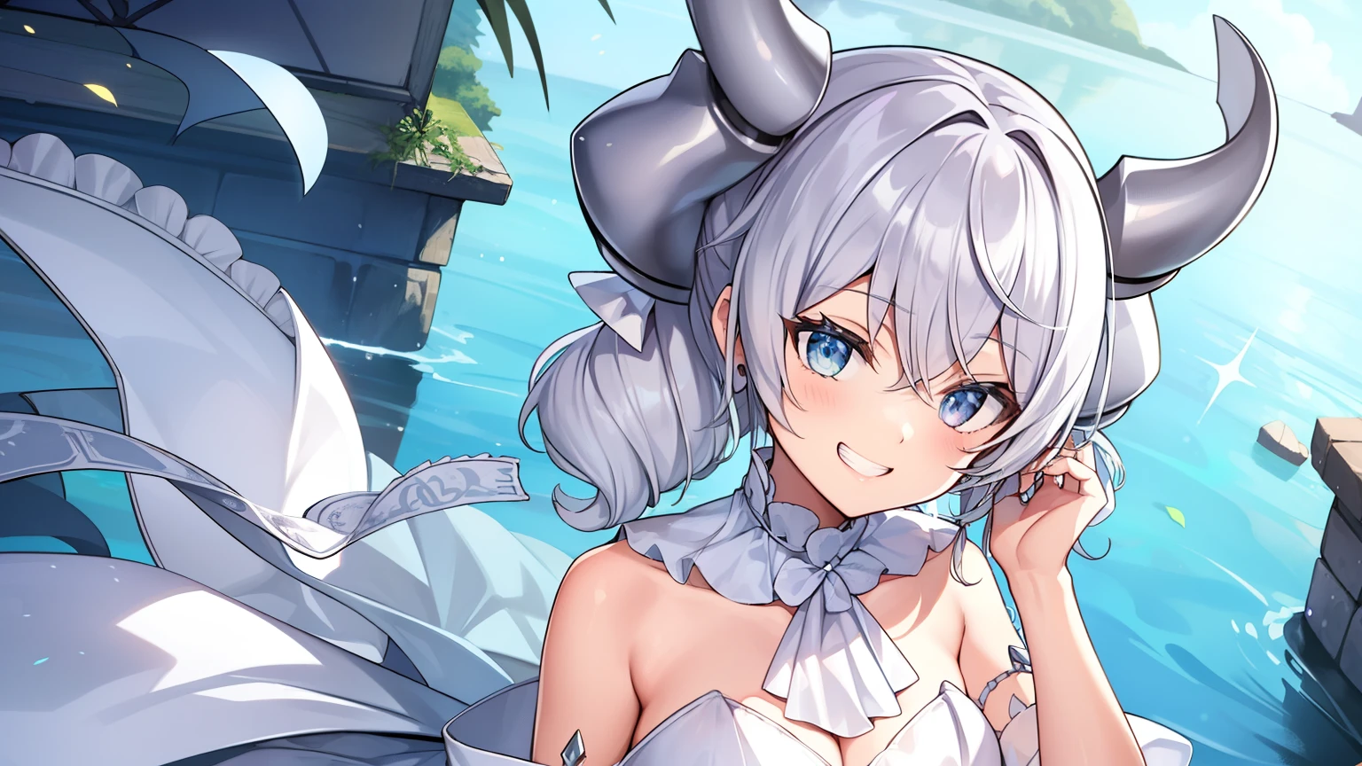 (muste piece, best quality, High resolution, ticker, perfect pixel, Depth of bounds written, In 4K), 
beautiful anime girl, 
Looking at Viewer, 
perfect body,  

white hair, horn, 
white dress, 
grin, 

upper body, 