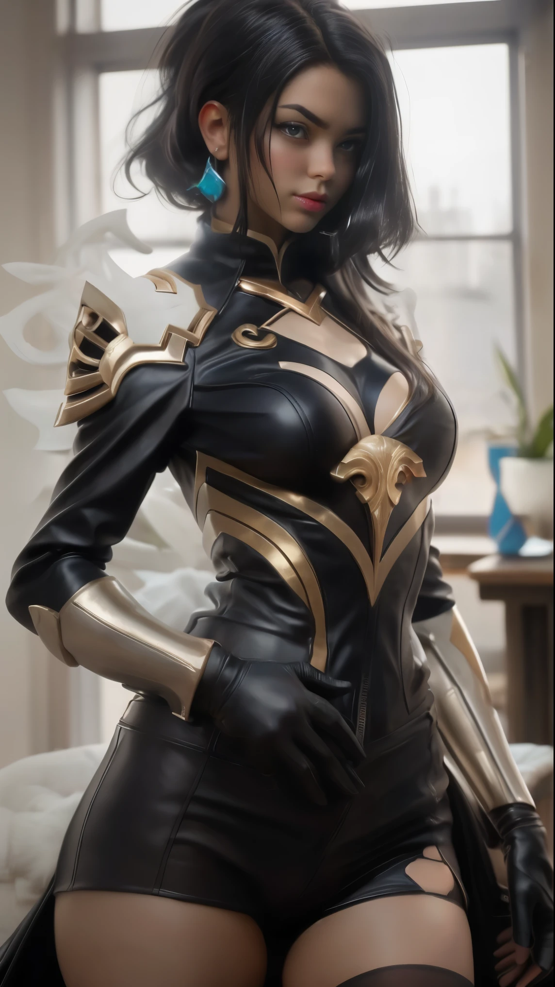 ((top-quality)), ((masterpiece)), (high-detail:1.3), 3D, Beautiful fece (cyberpunked:1.3) Colored hair、Hacker woman in black clothes looking at camera、boob focused、medium breasts、Bright lighting