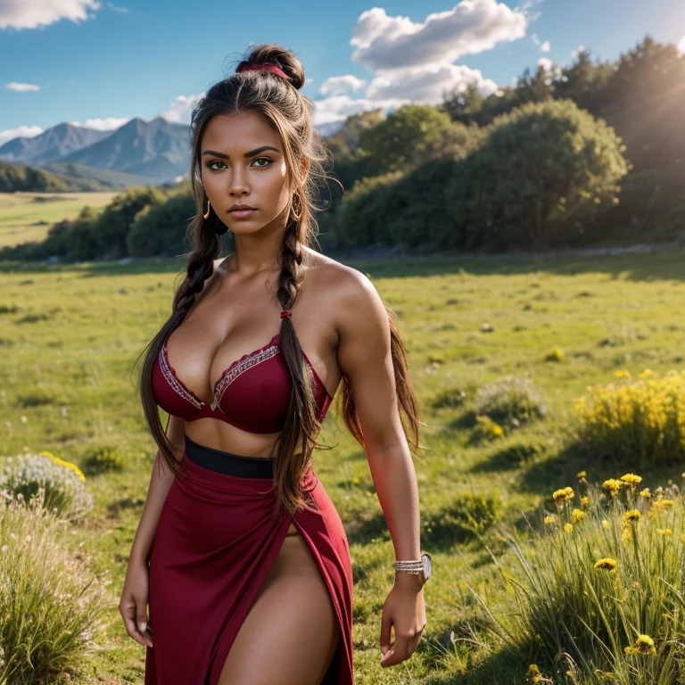 Busty, Red skin, Tanned skin, Rounded , Large , Angry face, Brunette hair, Long hair, Braided hair, Hair bun, Messy hair, Skirt, Carnival suit, Dress, Bra, Decollete, Cleavege, Full body, Standing, Meadow, Day light, Warm light, Fantasy style, Realism, Woman, One, 20 Years old, Native American, Black