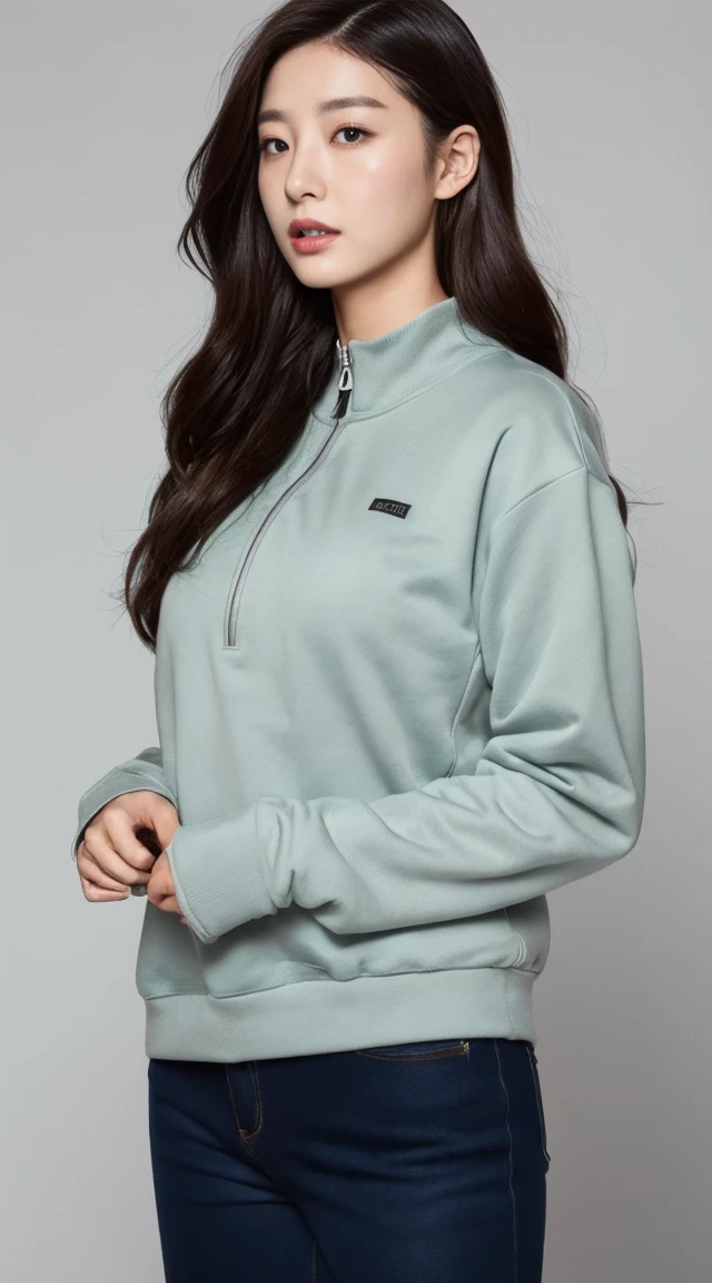 Heavyweight sweatshirt half zip pullover,Heavyweight sweatshirt wide easy pants、A woman with the same face as last time(misaki)，４Ｋ、１people&#39;s women、slender、 Loose wavy styling 、seductive and attractive、full body shot,Including face and skin texture，detailed eyes、a seductive look