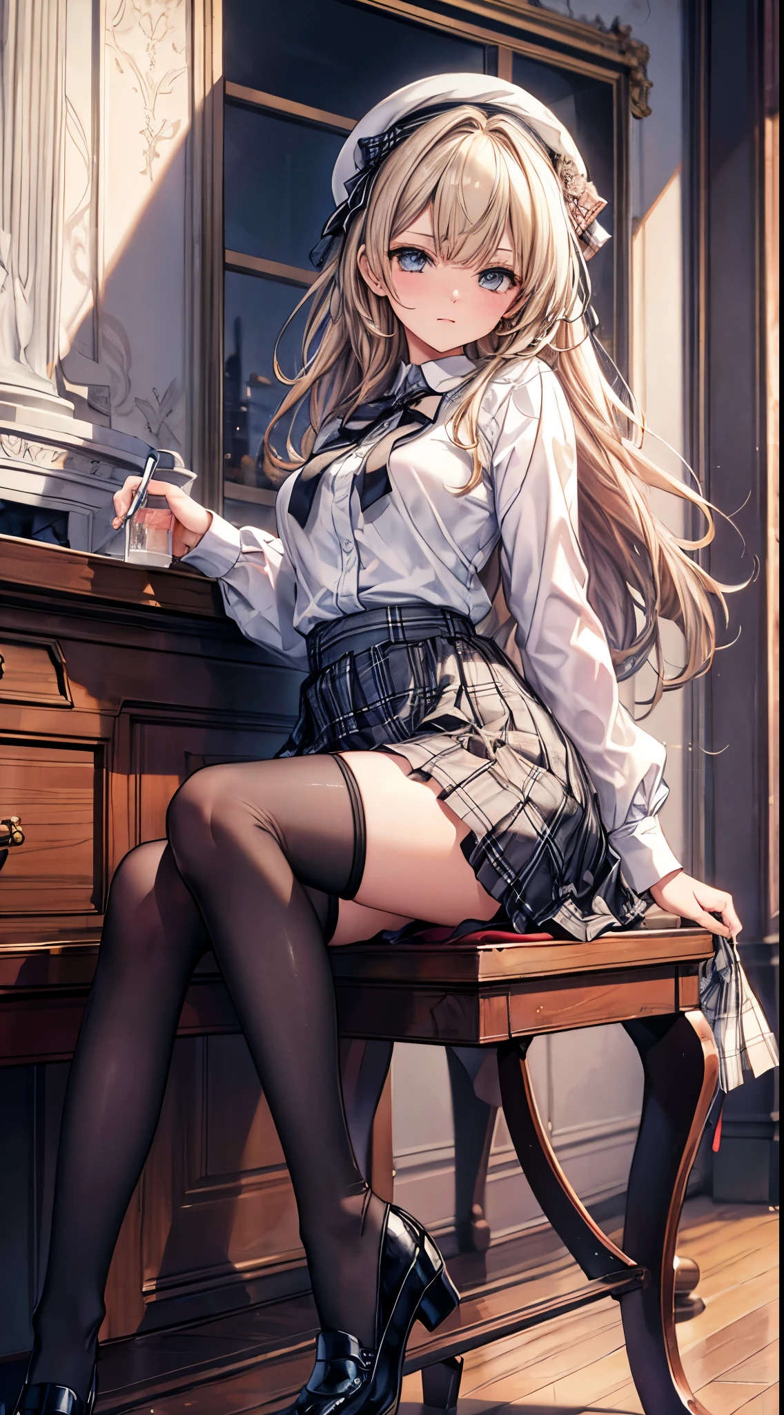 masterpiece, highest quality, High resolution, SA1, plaid mini skirt, black stockings,