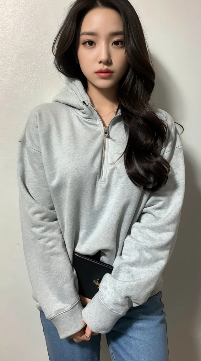 Heavyweight sweatshirt half zip pullover,Heavyweight sweatshirt wide easy pants、A woman with the same face as last time(misaki),4K、1people's women、slender、 Loose wavy styling 、seductive and attractive、full body shot,Including face and skin texture,detailed eyes、a seductive look
