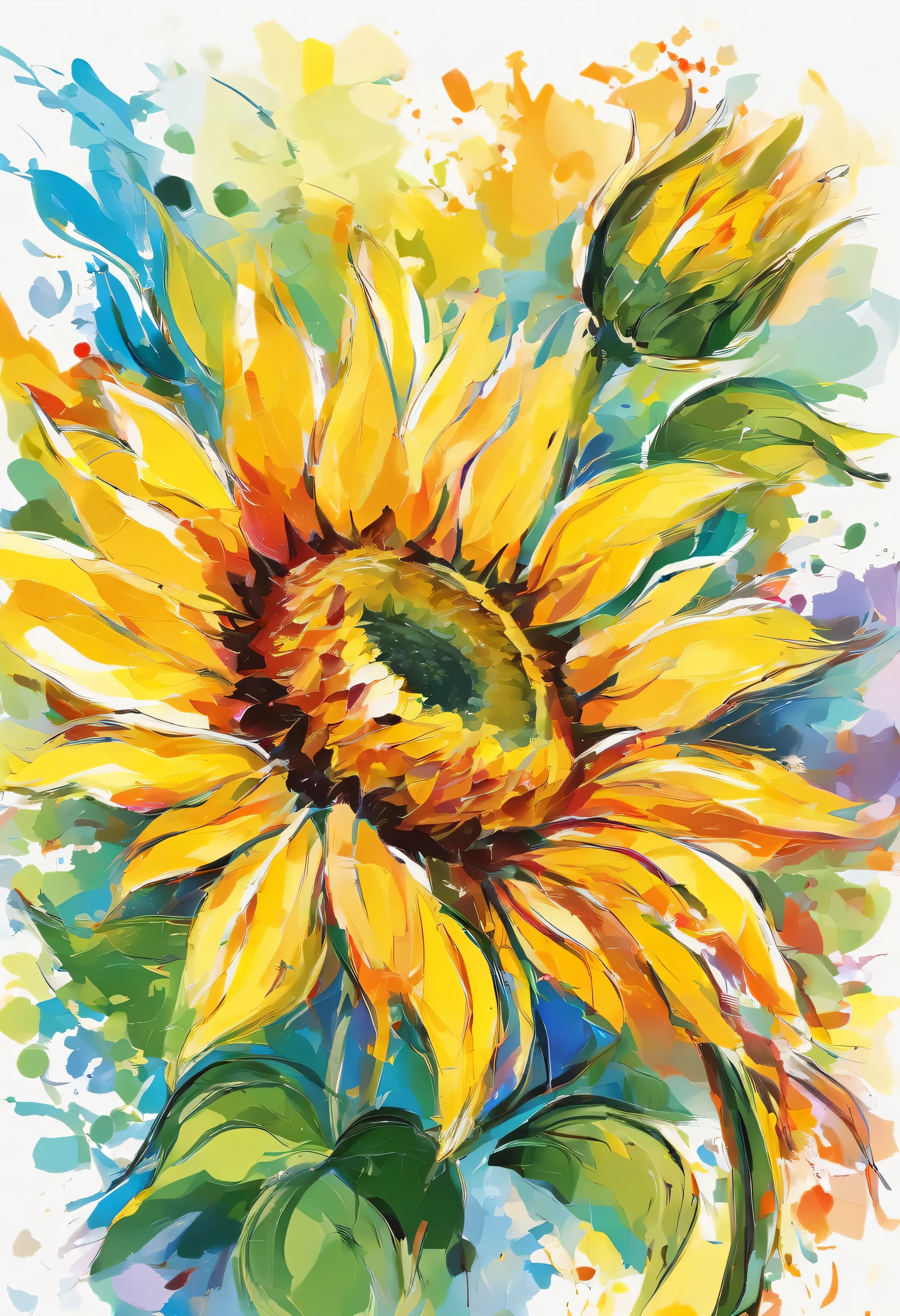 Draw an abstract painting of a single flower., Painted by masters of 3D watercolor abstract art、bright yellow sunflower flowers、Close-up of flowers、use acrylic paint、Abstract artist known for his unique use of acrylic pouring, real brush strokes,aesthetic composition,Minimal style, Light and moving strokes、Shapes that suggest emotional dynamism and vibrancy、The bright yellow color of sunflowers symbolizes happiness and cheerfulness.、vividly express feelings of joy、The main colors of the work are bright and cheerful tones..................、Add moist compacted sand、Enhances the texture and tactile elements of your artwork, While staring at this image, you、Interaction of color and texture、enjoy the feeling of joy、guided by joy