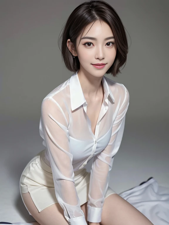 (table top, highest quality, realistic, Super detailedな, in detail, High resolution, 8k wallpaper), 1 beautiful woman, earrings, smile, In a navy formal dress, light brown short messy hair, perfect dynamic composition, 美しくfine eyes, smile, Bayside Area, At night, full body portrait,throw, (masterpiece:1.3), High resolution, Super detailed, Highly detailed CG Unity 8K wallpaper, (realistic, photo-realistic:1.3, RAW photo:1.2), beautiful detailed face, realistic skin, fine cloth texture, high detailed hair texture, perfect proportions, beautiful face, Accurate, anatomically correct, Highly detailed face and skin texture, natural neck length, fine eyes, symmetrical eyes, light brown eyes, thin eyebrows, (glossy lips:1.4), (魅惑的なsmile:1.2), (beautiful hands), (Fair skin:1.2), thin legs, thin legs, long legs, High detailed leg texture, beautiful feet, (transparent skin:1.2), (She is wearing a classy button-up white shirt:1.2), (Wet cloth), ((Transparent shirt:1.2)), (skirt, black stockings, White Short Boots), ((Short Bob Hairstyles:1.2)), (medium to large breasts:1.3), (film chest, well-shaped chest:1.1, slender body shape), ((from below:1.3)),//effect (calm color background:1.2), (faded photo:1.3), polaroid photo, (film grain:1.3), Depth of bounds written, (Bokeh:1.1),attractive legs
