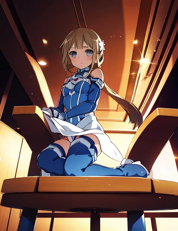 highest quality,sleep on your back in bed,Crab crotch,show me your boots,thigh high boots,leotardチラ見せ,glove,Strange thieves,elegant, 1 girl, leotard,body suit,cute, blushed, looking at the viewer, from below, prison,blue eyes, beautiful eyes, beautiful background, particles of light, Light of the sun, dramatic lighting, outside, shiny, realistic, table top, highest quality, Super detailed, become familiar with, scenery, beautiful and detailed eyes, thin hair