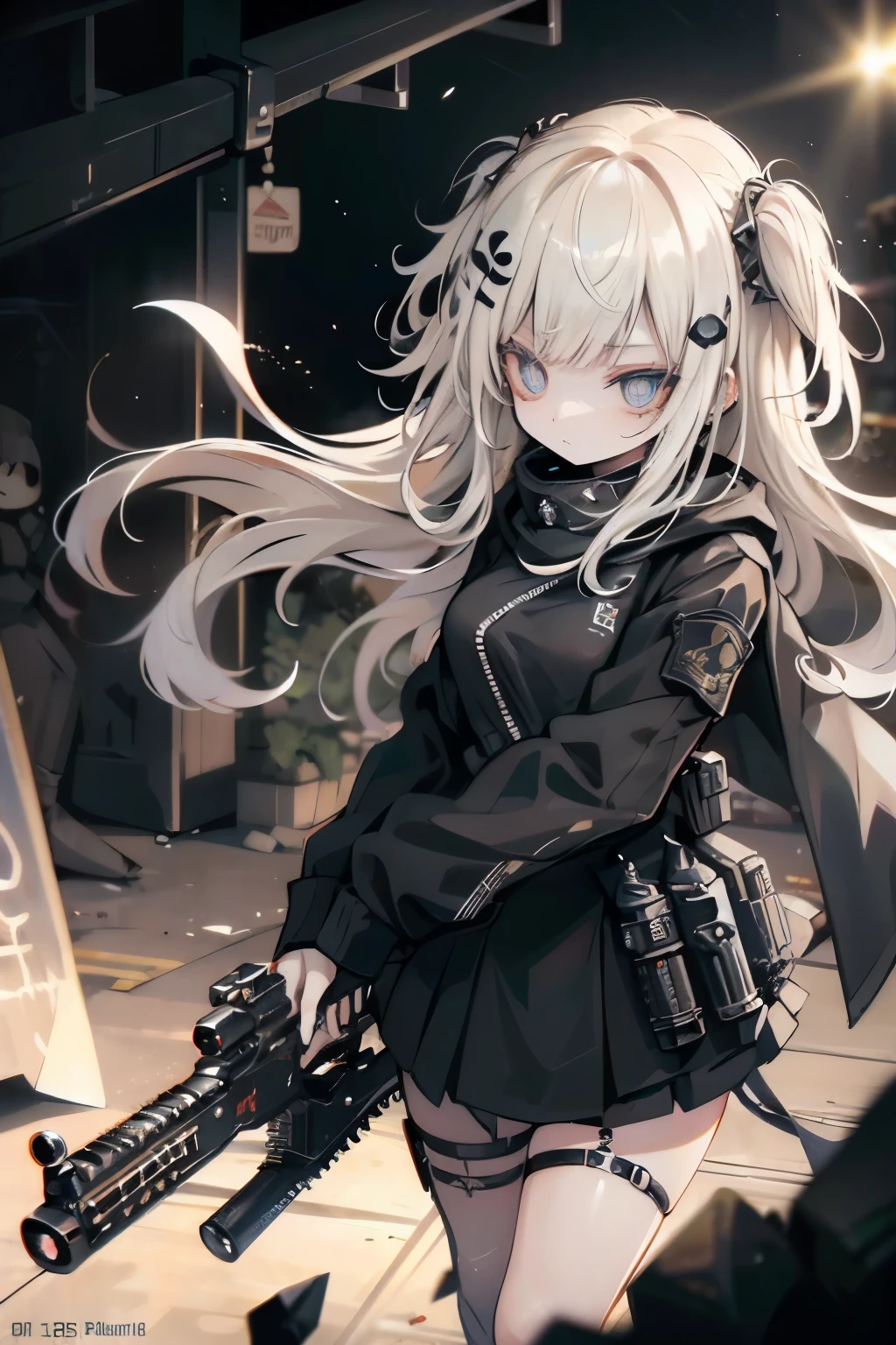 {{Masterpiece, top quality, highly detailed CG, unified 8k wallpaper, movie lighting, lens flare}}, 1 girl holding a rifle through the wall, wide view, thick body, long blonde hair soaring in the wind, green eyes, (holding a weapon, holding a rifle, aiming, aiming: 1.4), gun, h&k hk416, carbine, open fire, rubble, ruins of conflict areas, plumes, nitric smoke, blast waves, Flying bullets, sniper, 35mm, f/1.8, night, blue eyes
