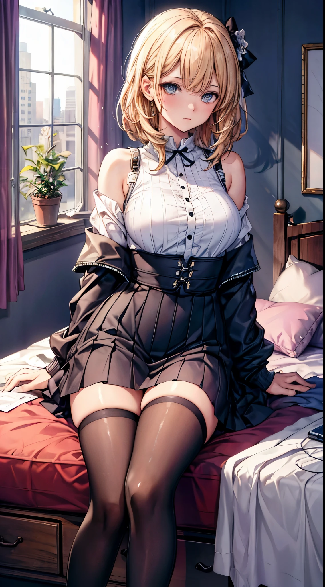 debris flies, highest quality, Highly detailed CG Unity 8K wallpaper, sexy witch , short hair、Dark blonde wavy hair、off shoulder knit, dark blue pleated skirt, stockings、medium breasts, saggy breasts, Pose that emphasizes the chest, blush, shy smile, bare shoulders, (((touch crotch、open your legs wide、please open your knees))）、、nice magic book、church bed、lying in bed、stick out your butt、Red and black panties、Red and black bra