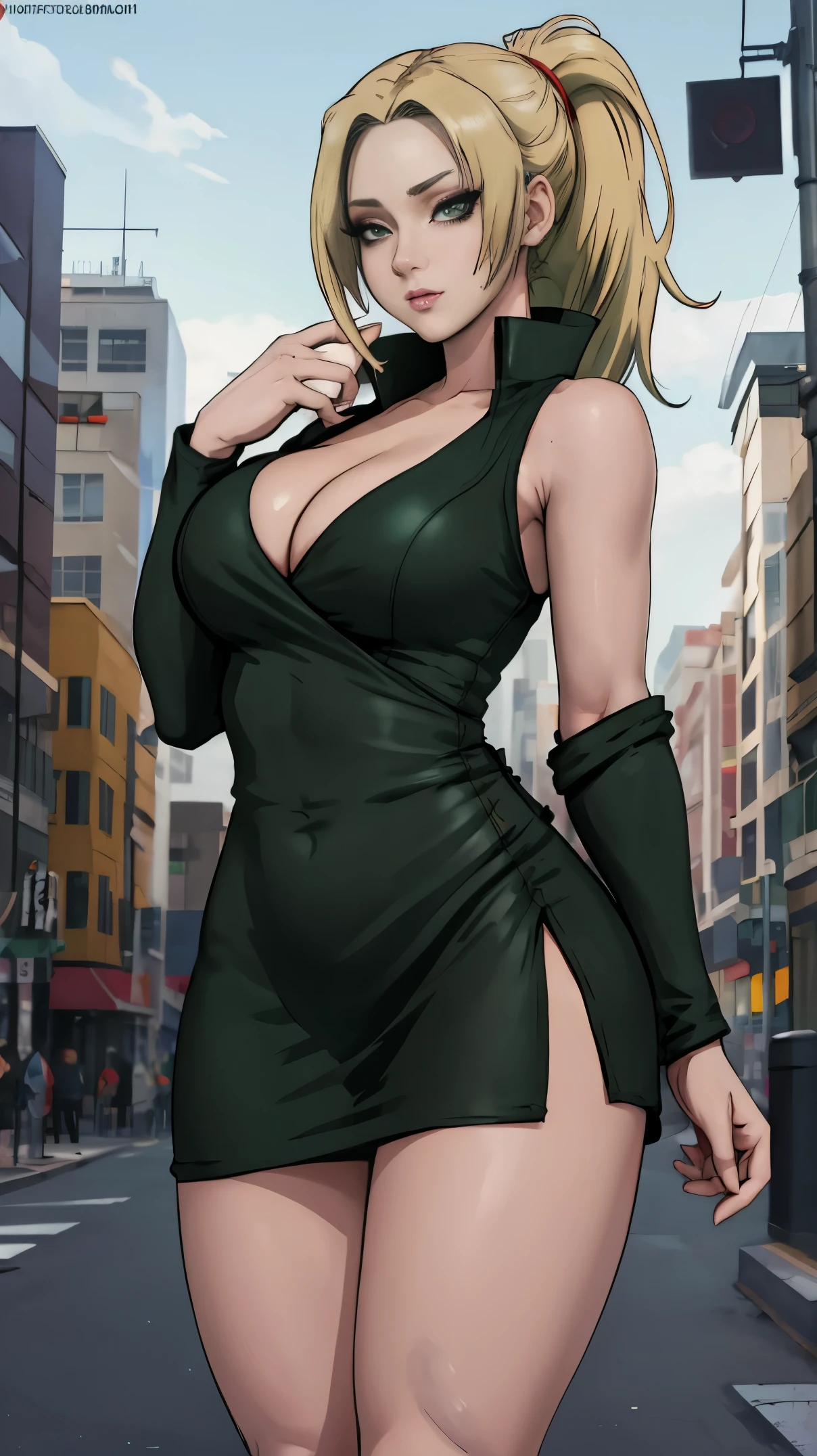 anime woman wearing dark green mini dress,((wrap dress)),(v shaped cleavage),(sleeveless),thigh exposed,tsunade from naruto,(hourglass body),(large breasts),(slender legs)seductive expression,dynamic pose,in city street,daytime,BREAK,((masterpiece,best quality,hyper detailed),realistic anime 3 d style,beautiful,8k wallpaper,refined details,high-quality rendering,profesional photograph,profesional lighting,soft and warm anime,detailed eyes,perfect face,perfect anatomy