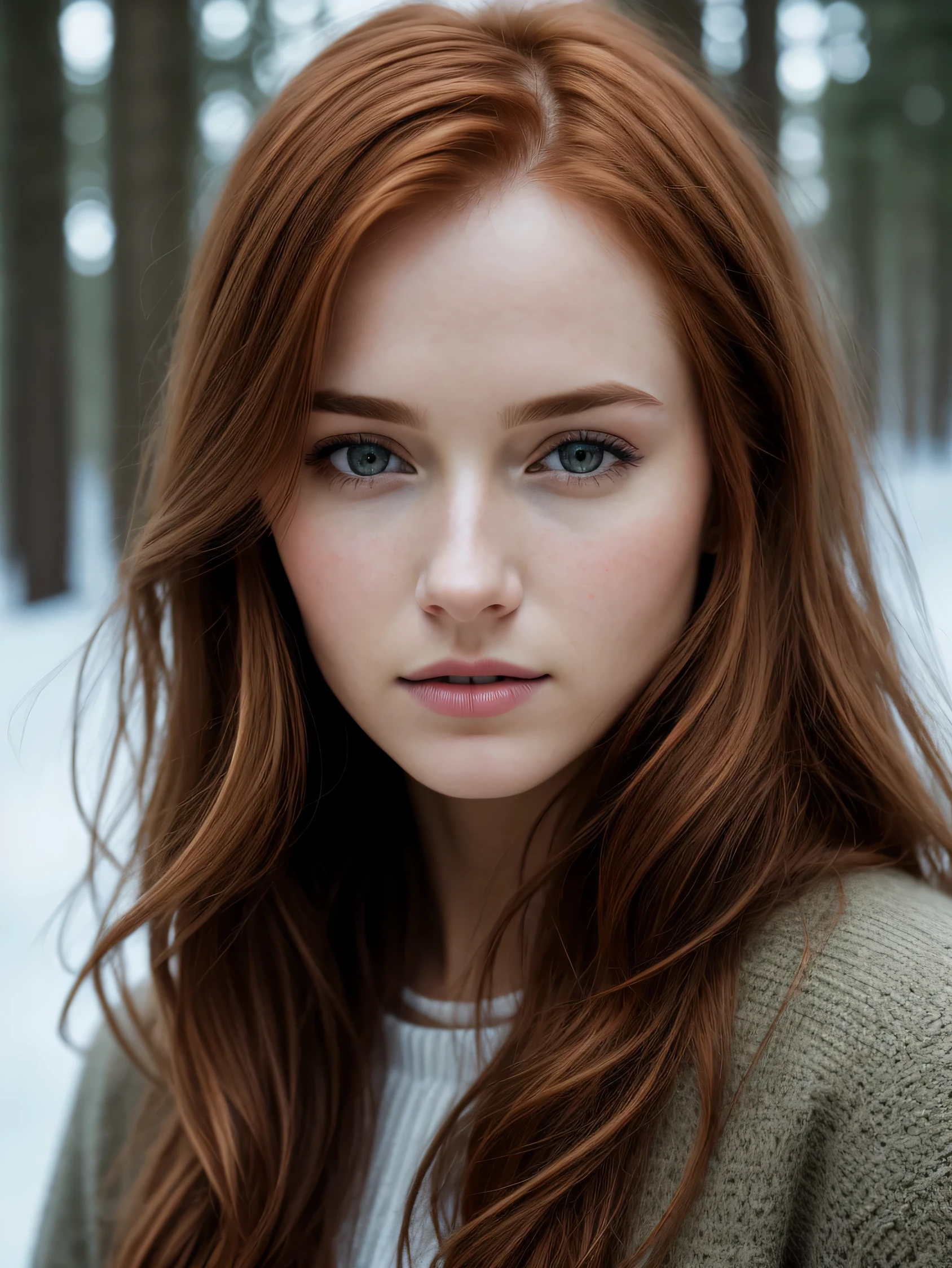 close up of a european woman, ginger hair, winter forest, natural skin texture, 24mm, 4k textures, soft cinematic light, RAW photo, photorealism, photorealistic, intricate, elegant, highly detailed, sharp focus, ((((cinematic look)))), soothing tones, insane details, intricate details, hyperdetailed, low contrast, soft cinematic light, dim colors, exposure blend, hdr, faded