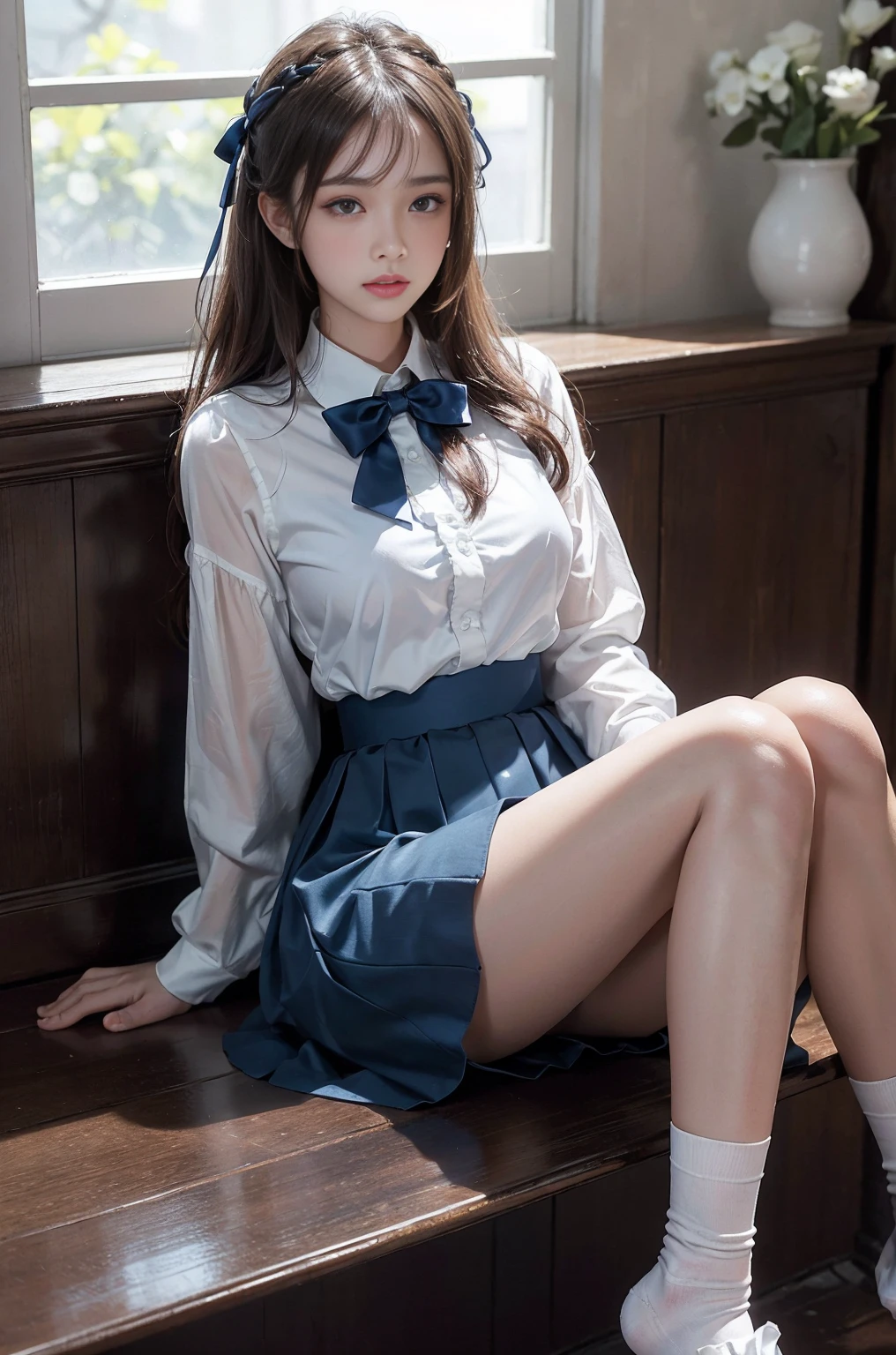 20 year old woman, (high top faded: 1.3), (low(low)), (soft focus), HD, masterpiece, HD, HD, 4K, 超HD, Very realistic shadows, Surrealism, 戏剧性的lamp光, a girl, alone, Detailed face, lifelike眼睛, lifelike皮肤, dynamic hair, dynamic poses, dynamic angle, (White shirt), (dark blue bow tie) , (((Dark blue long skirt)))), ((White hem socks))), library background, (original photo: 1.2), (lifelike: 1.4), beautiful and delicate woman, Extremely detailed eyes and face, beautiful and delicate eyes, File size is large, 一个Very detailed的, high resolution, Very detailed, best quality, (bright interior), (soft light), (low对比度), ( See deeply), (Portrait of a beautiful woman illuminated by soft light), (Very delicate and elegant depiction), (short bangs), (Head color is dark chestnut，Slightly brownish), (Subtle and silky waves), (long hair两侧错综复杂地编织小辫子), ((White hem socks))), illustration, Very detailed, BAPV, unity, 8k wallpaper, amazing, Exquisite details, best quality, Highly detailed integrated 8K wallpapers so far this year, Coordinating Minister, lamp, 1 girl, 25 years old, (((No)), (camel toe), (half), (Sit on bent knees and legs)), long hair, dark theme, soothing tone, pastel colors, high contrast, (natural skin texture, Surrealism, soft light, No耐烦), Capturing the serene beauty of a young woman immersed in the peaceful atmosphere of a library.. Soft diffused light gently illuminates her features., It emphasizes her sophisticated look and creates a calm atmosphere. Library shelves filled with books，Provide background on knowledge and wisdom. It focuses on capturing models&#39;Natural charm and elegance, Stay calm and considerate the essence of the moment. Cute 21 year old Japanese gravure model，Soft body, gray brown wavy hair, Decorate with ribbon, charming appearance. She wears a frilly white blouse, Blue ruffled skirt and white ruffled socks. sitting on bed, She hugged her knees，Staring at the camera, Exudes melancholy charm. Create scenes where beauty and ephemerality intertwine, national foundation