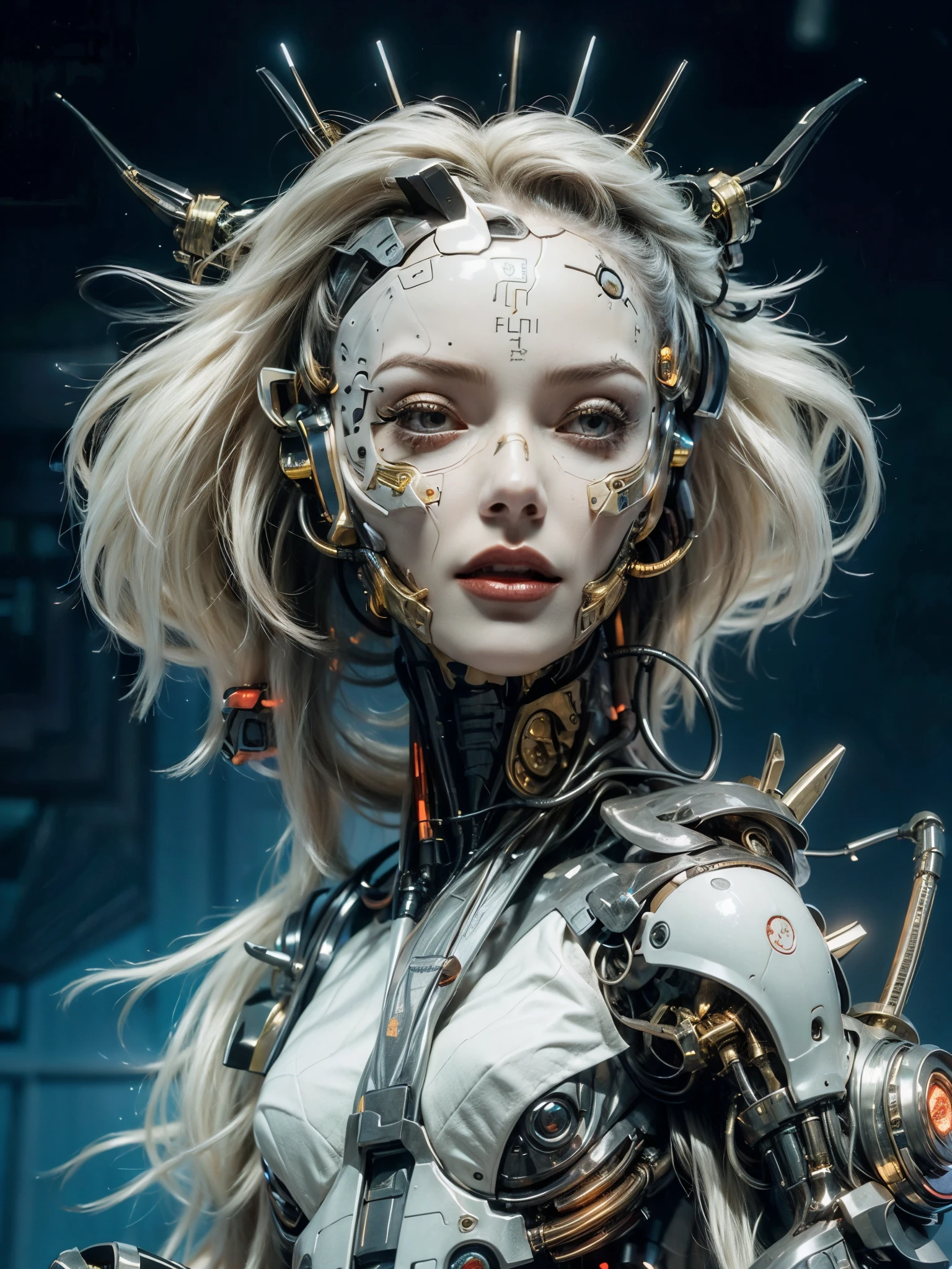 Close-up of a female robot with a futuristic head and blue eyes., Cyborg Goddess in the Universe, Portrait of the Cyborg Queen, Cyberpunk Robot Elvish Queen, Portrait of a beautiful sci-fi girl, Portrait of female robot, Cyborg Fashion Model, beautiful cyborg girl, beautiful cyborg girl, (Realistic face details), complicated details, very high details, Realistic photos, 8k, UHD, Hyperspacing,