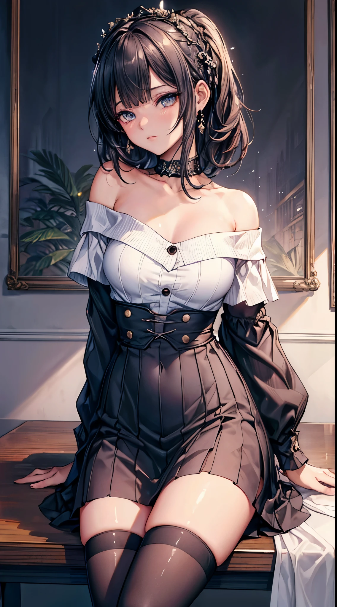 masterpiece, highest quality, High resolution, SA1, Off-shoulder blouse, Floral miniskirt, black stockings, Sparkly eyes, false eyelashes,