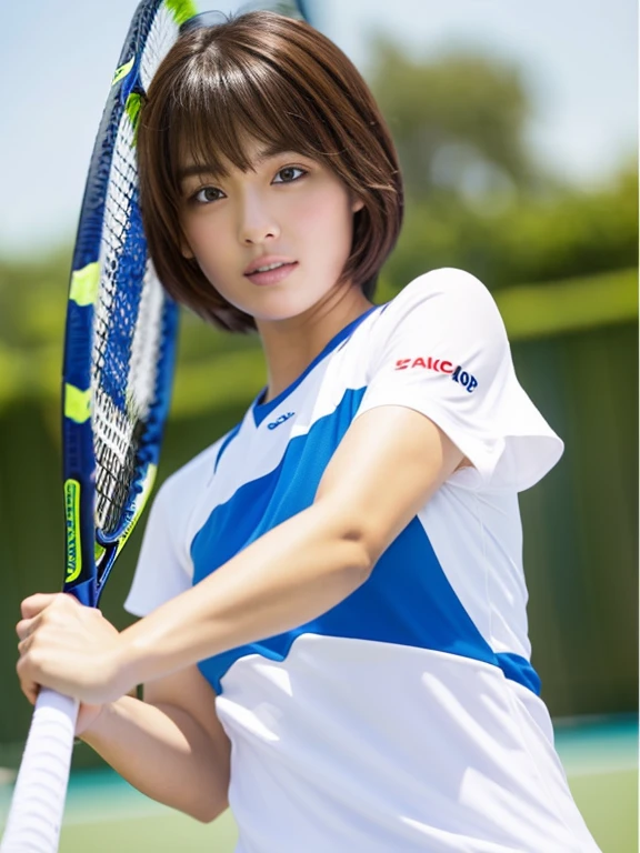 青い繊細な目, 恥ずかしい, 赤面、1girl, solo, short hair, bangs, brown hair, holding, brown eyes, upper body, short sleeves, copyright name, sportswear, logo, tennis uniform, racket, tennis racket