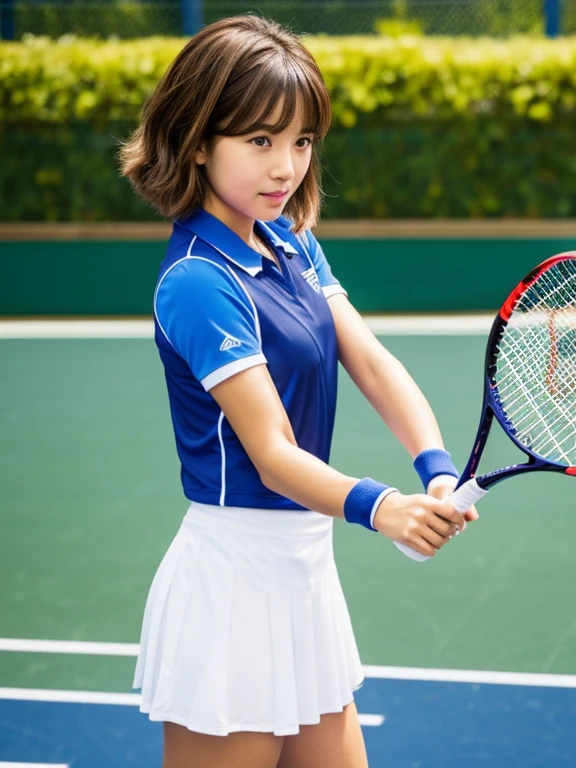 青い繊細な目, 恥ずかしい, 赤面、1girl, solo, short hair, bangs, brown hair, holding, brown eyes, upper body, short sleeves, copyright name, sportswear, logo, tennis uniform, racket, tennis racket