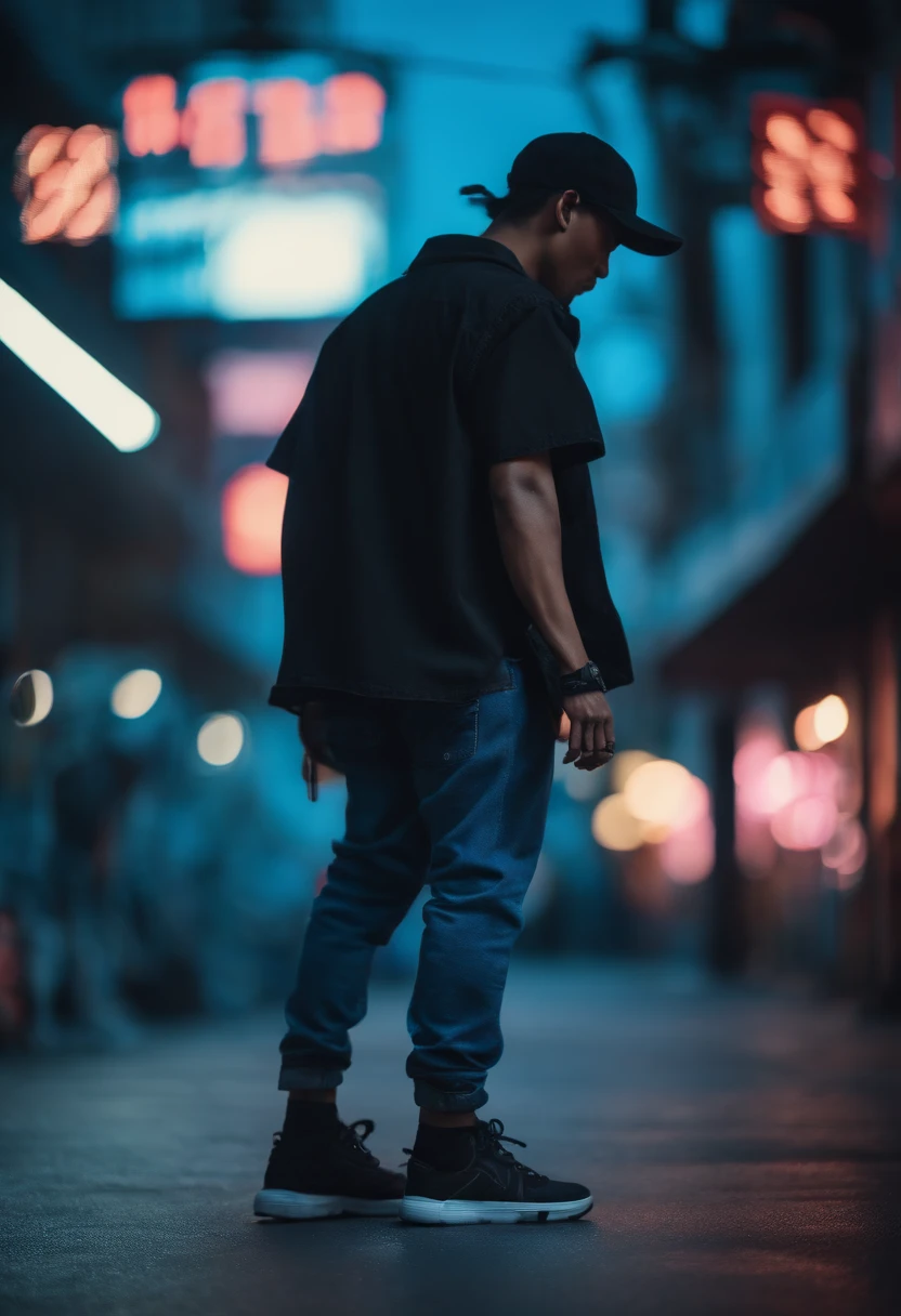 Cyberpunk scene, 1man, Malaysian, wearing black baseball cap and blue denim shirt, baggy and sneakers on the street, neon background