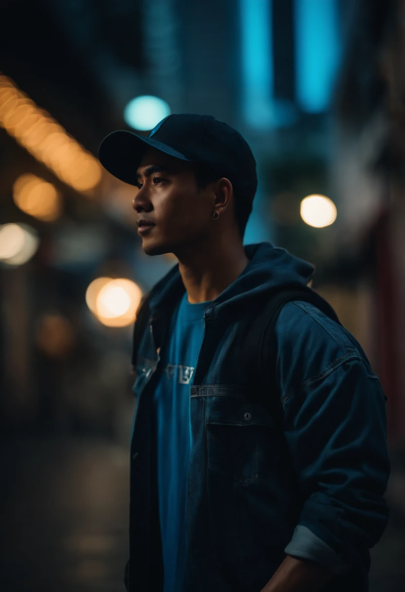 Cyberpunk scene, 1man, Malaysian, wearing black baseball cap and blue denim shirt, baggy and sneakers on the street, neon background