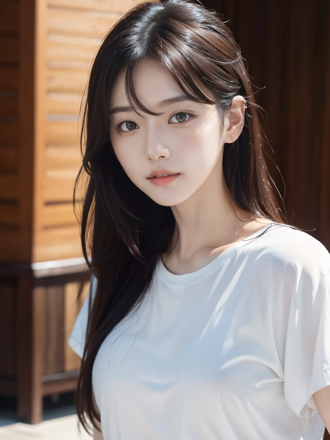 clothed、(photo real:1.4)、(Hyperrealistic:1.4)、(Realstic:1.3)、
(Smoother lighting:1.05)、(Improved lighting quality in movies:0.9)、32K、
1girl、19years old、Realistic lighting、Backlit、Facial light、ray trace、(Brightening light:1.2)、(Increase quality:1.4)、
(best quality real texture skin)、Fine eyes、finerly detailed face、
(Tired, sleepy and satisfied:0.0)、close-up face、T‐shirt、
(Bodyline mood improvement:1.1)、Glossy skin、actress、korean idol、Nogizaka Idol、hposing Gravure Idol