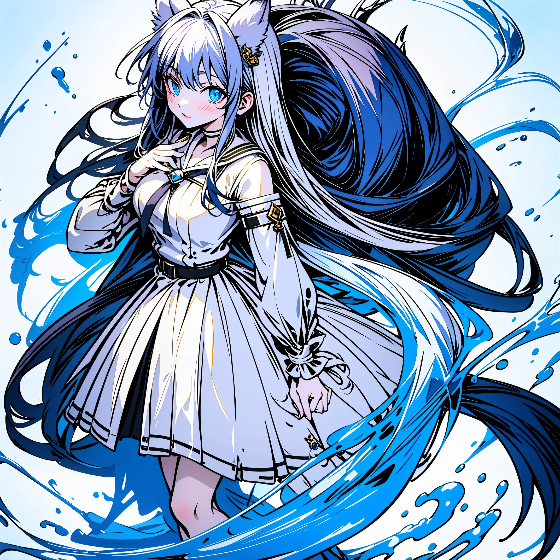 8k, resolution, high quality, high resolution, best quality, extremally detailed, best resolution, absurd resolution, ray tracing, high detailed, masterpiece, extremely detailed,shoulder length white hair, female,2 white wolf ears, teenage girl, slim body, white scale dragon tail,black boots,black leggings, navel blue school skirt, sailor shirt, white jacket, medium size chest, detailed blue eyes, detailed beautiful face,solo female,1 dragon tail, detailed eyes, tomboyish
INFO