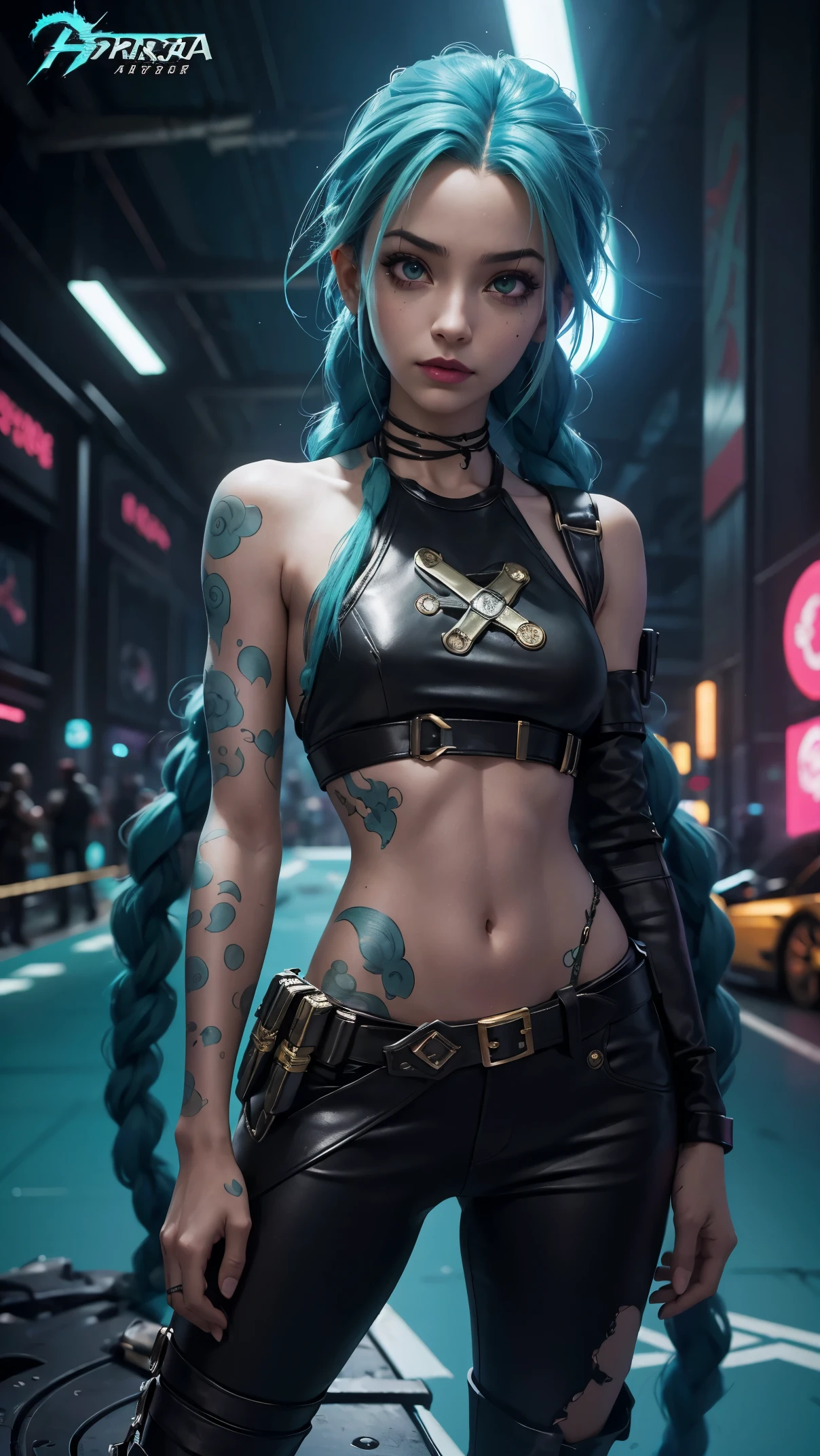 jinx arcano, uma mulher com cabelo verde e tatuagens, mulher cyberpunk mulher anime, pants, Deusa cyberpunk raivosa bonita, estilo de arte cyberpunk, arte digital de anime cyberpunk, arte de anime cyberpunk, Arcane Jinx Retrato, arte de anime cyberpunk, arte com tema cyberpunk, cyberpunk fantasia sombria, estilo arcano, 1 garota, stars tattoo on arm, asymmetrical bangs, franja, cabelo verde, green braids, camisa marrom, tatuagem de estrelas, lateralmente, cabelo verde, cabelo longo, olhos cor de rosa, Red lips, standing , tatuagem de nuvem, Twin braids. Jinx de arcano. Garota de cabelo verde, garota de Twin braids, Jinx em um lugar em chamas, spark, esferas de luz, Film Poster, Jinx, Arcane\(Liga das Lendas\