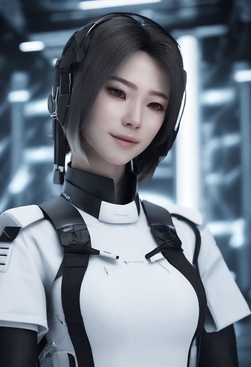 《AI role》。（（（Virtual character design：Heart doctor。female，20 years old，white short hair，Exquisite facial features，Beautiful makeup，Skin details，Smile）））。（（White technological nurse uniform））。((Super realistic details)), illumination, shadow and light, octane rendering, 8k, Super sharp,complex, Accessories details,Atmosphere