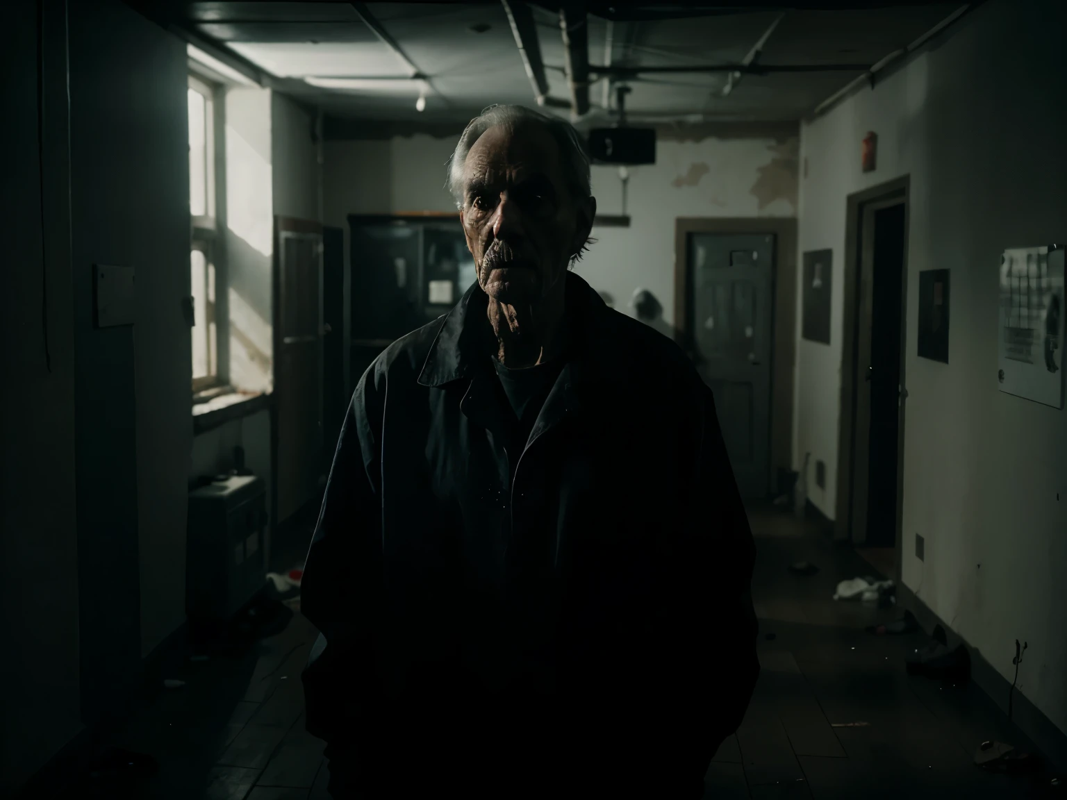 Generate a spine-chilling image of the ghost of an elderly janitor in the basement of a school. The ghostly figure stands ominously at the far end of the basement, surrounded by darkness. Ensure a terrifying and distorted expression on the janitor's face, with dim lighting casting eerie shadows. Capture the sense of age and malevolence, making the ghost's presence truly unsettling.