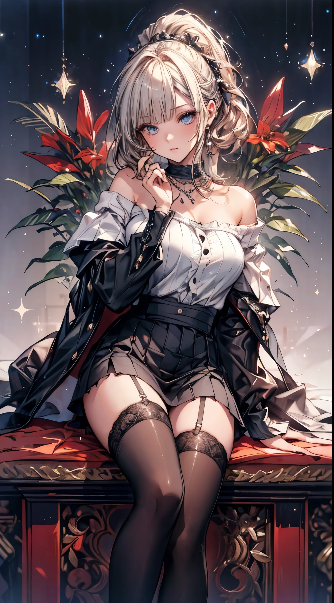 masterpiece, highest quality, High resolution, SA1, Off-shoulder blouse, Floral miniskirt, black stockings, Sparkly eyes, false eyelashes,