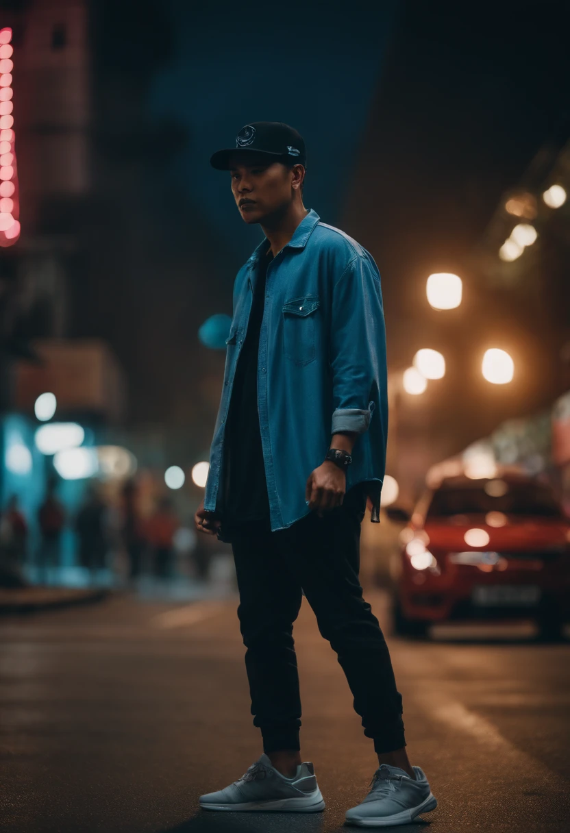 Cyberpunk scene, 1man, Malaysian, wearing black baseball cap and blue denim long shirt, baggy and sneakers on the street, neon background